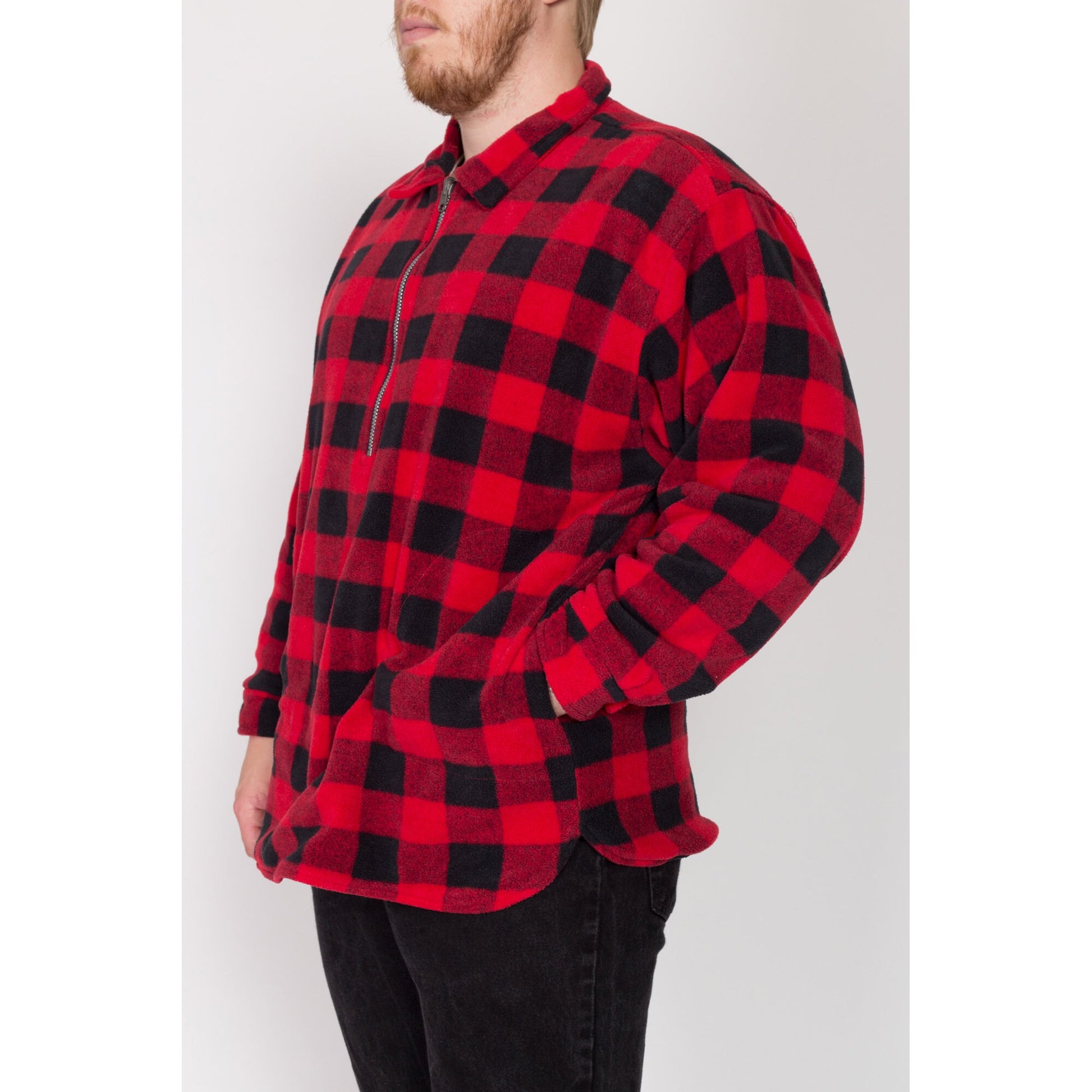 2X 90s Marlboro Reversible Fleece Sweatshirt | Vintage Red Black Buffalo Plaid Half Zip Pullover Overshirt