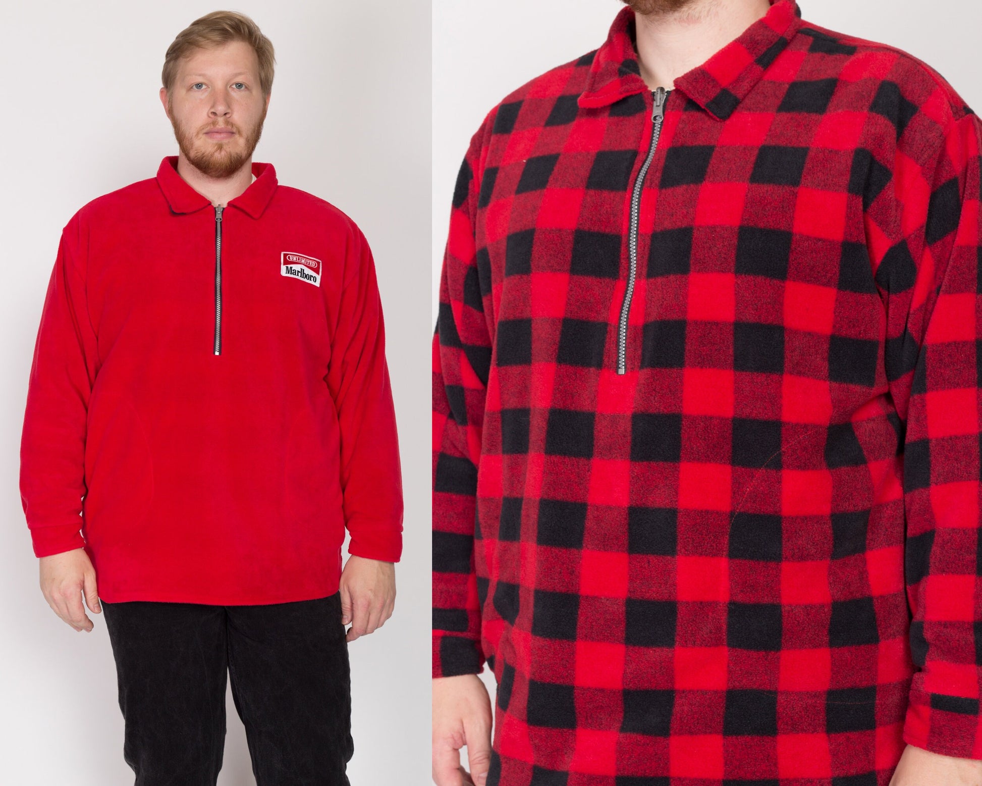 2X 90s Marlboro Reversible Fleece Sweatshirt | Vintage Red Black Buffalo Plaid Half Zip Pullover Overshirt