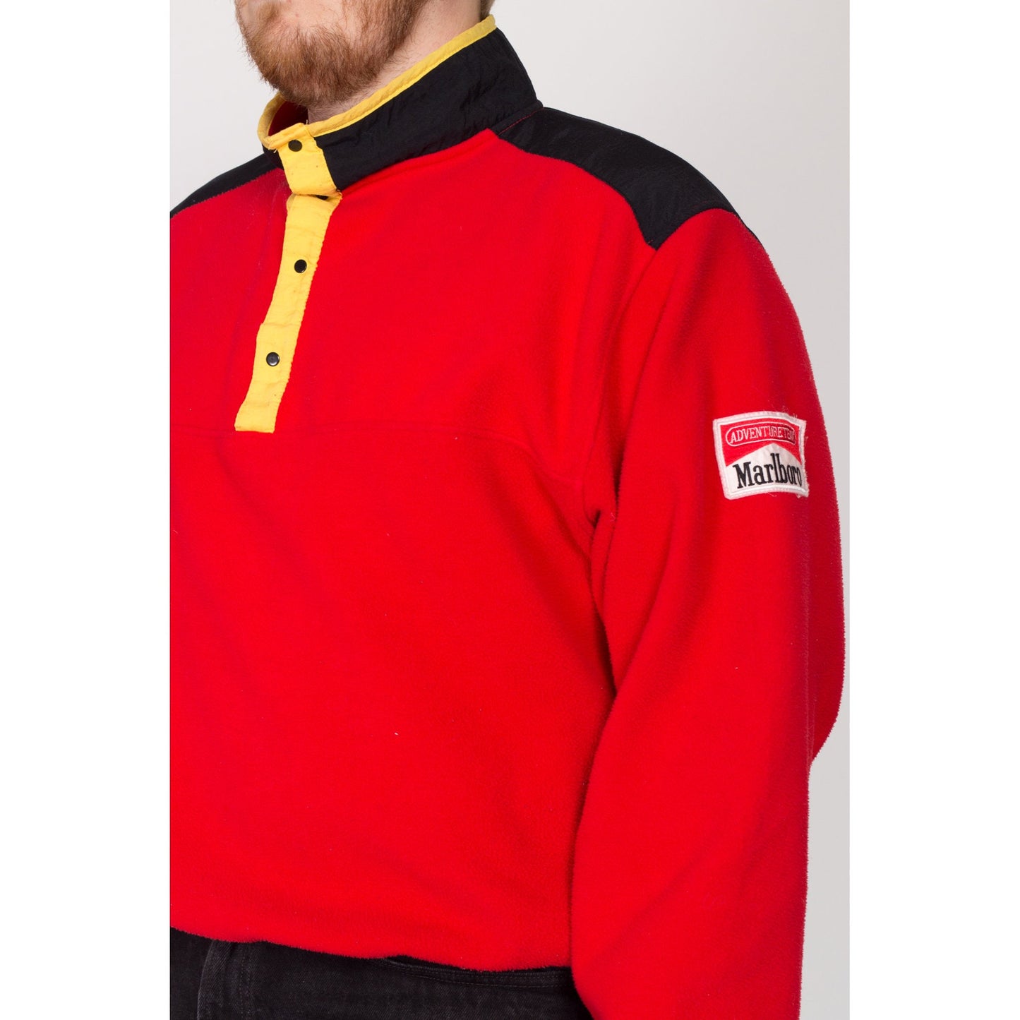 XL 90s Marlboro Adventure Team Red Fleece Sweatshirt | Vintage Streetwear Color Block Henley Pullover