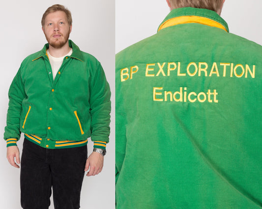 2X 80s BP Exploration Endicott Green Corduroy Bomber Jacket | Vintage Striped Trim Snap Button Company Logo Jacket