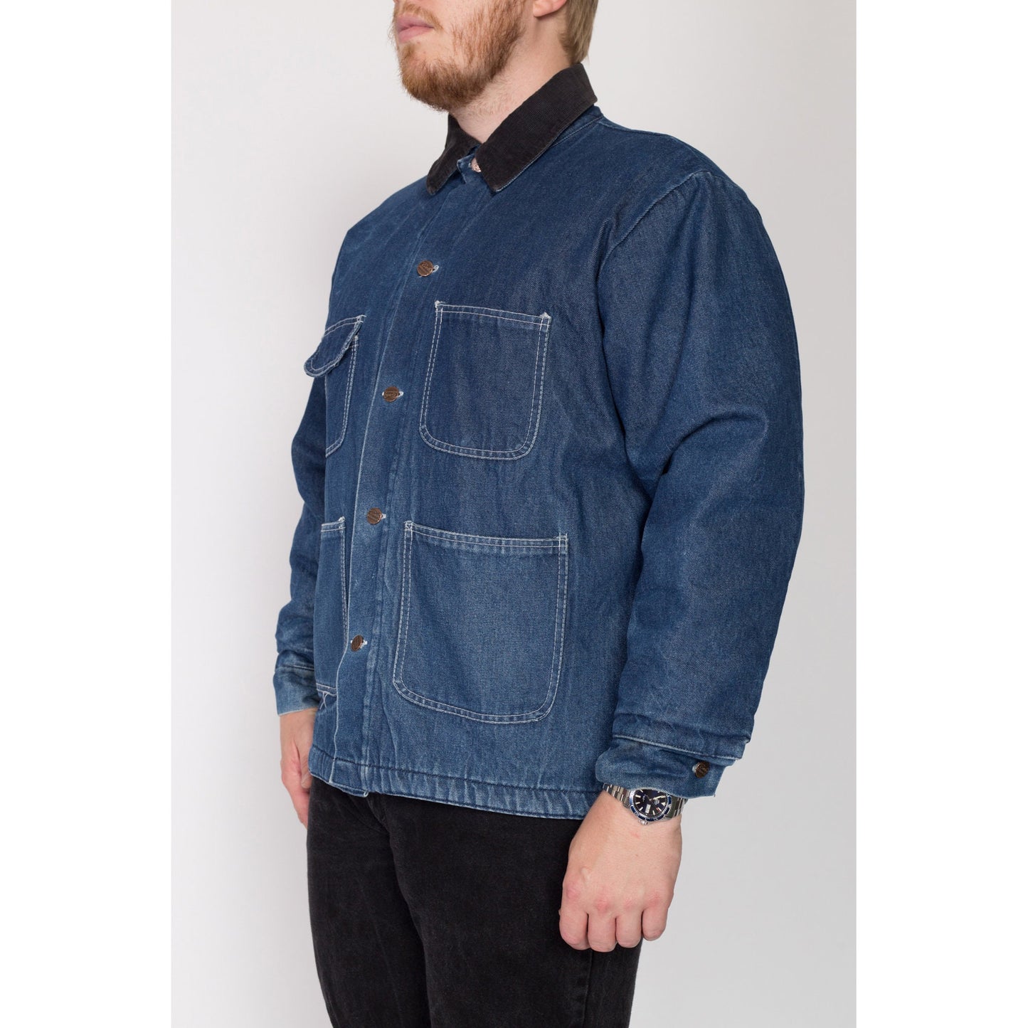 XL 90s Denim Blanket Lined Chore Coat | Vintage Bob Barker Co. Corduroy Collar Workwear Jean Jacket