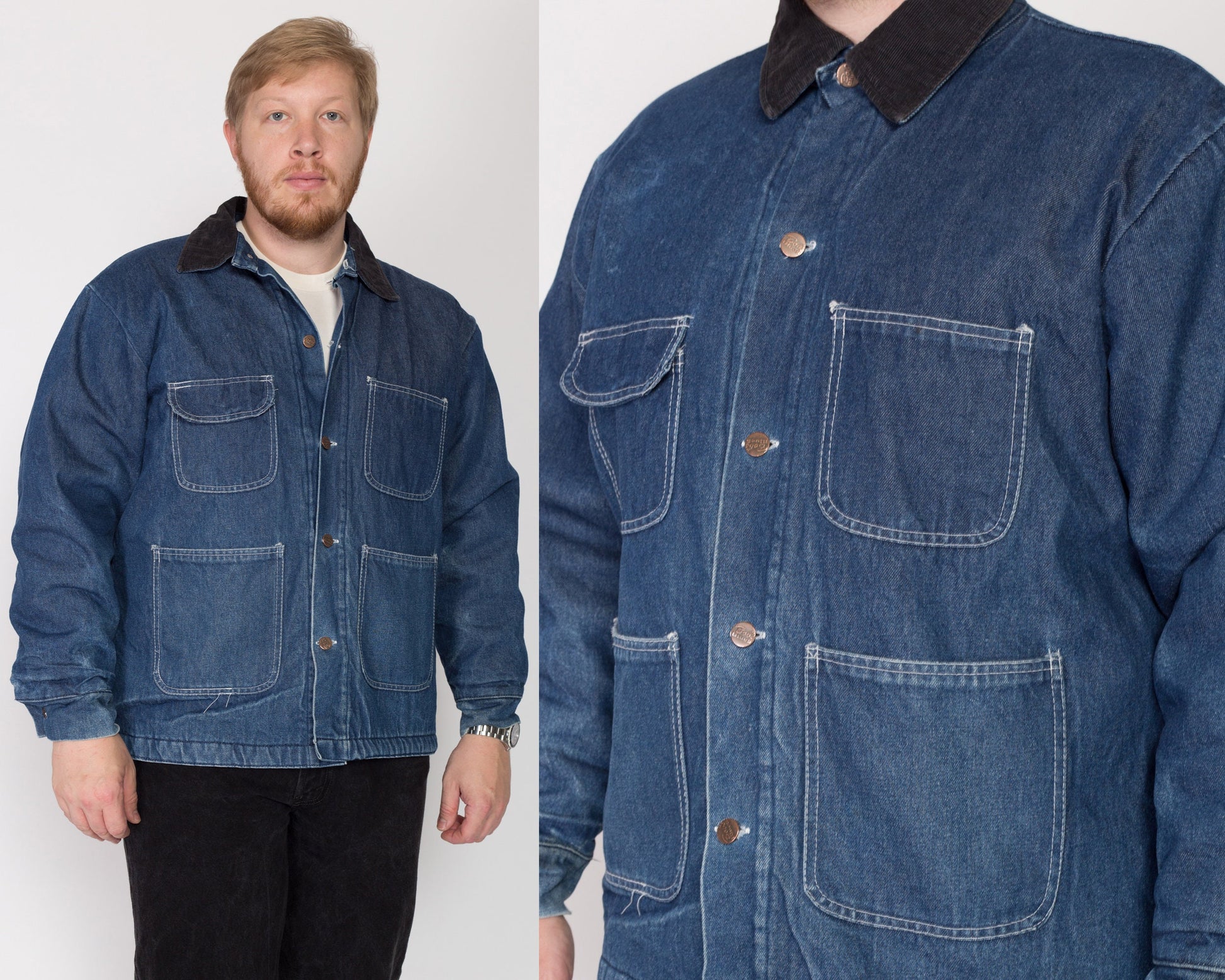 XL 90s Denim Blanket Lined Chore Coat | Vintage Bob Barker Co. Corduroy Collar Workwear Jean Jacket