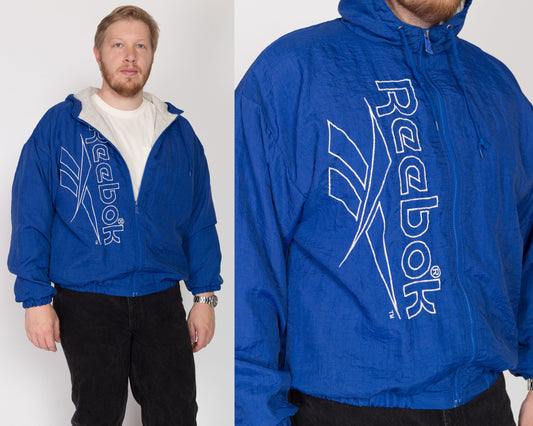 Large 90s Reebok Blue Hooded Big Logo Windbreaker | Vintage Zip Up Spell Out Streetwear Track Jacket