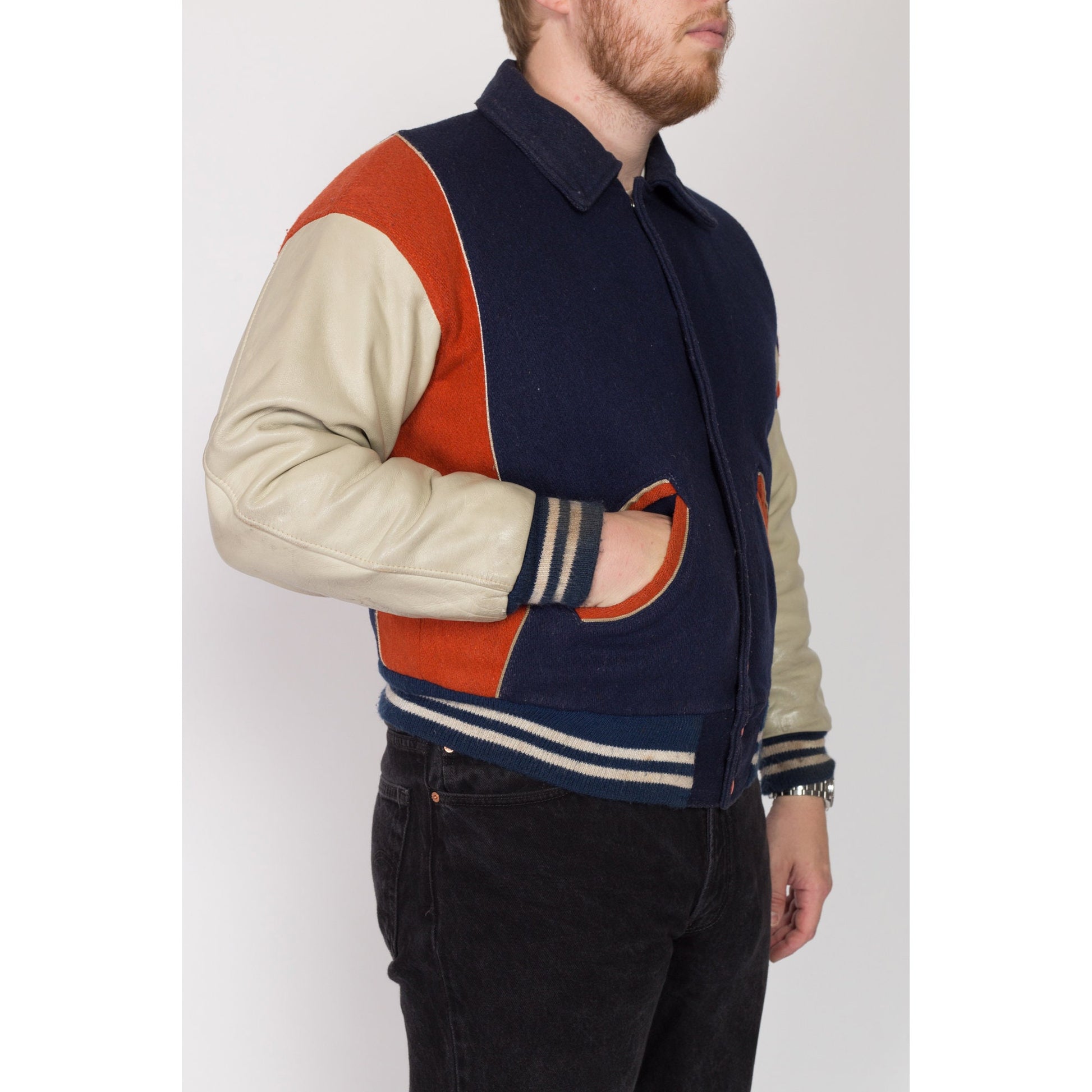 XL 70s Terrors Varsity Letterman Jacket | Vintage Team Logo Navy Blue Wool Leather Sleeve Athletic Coat