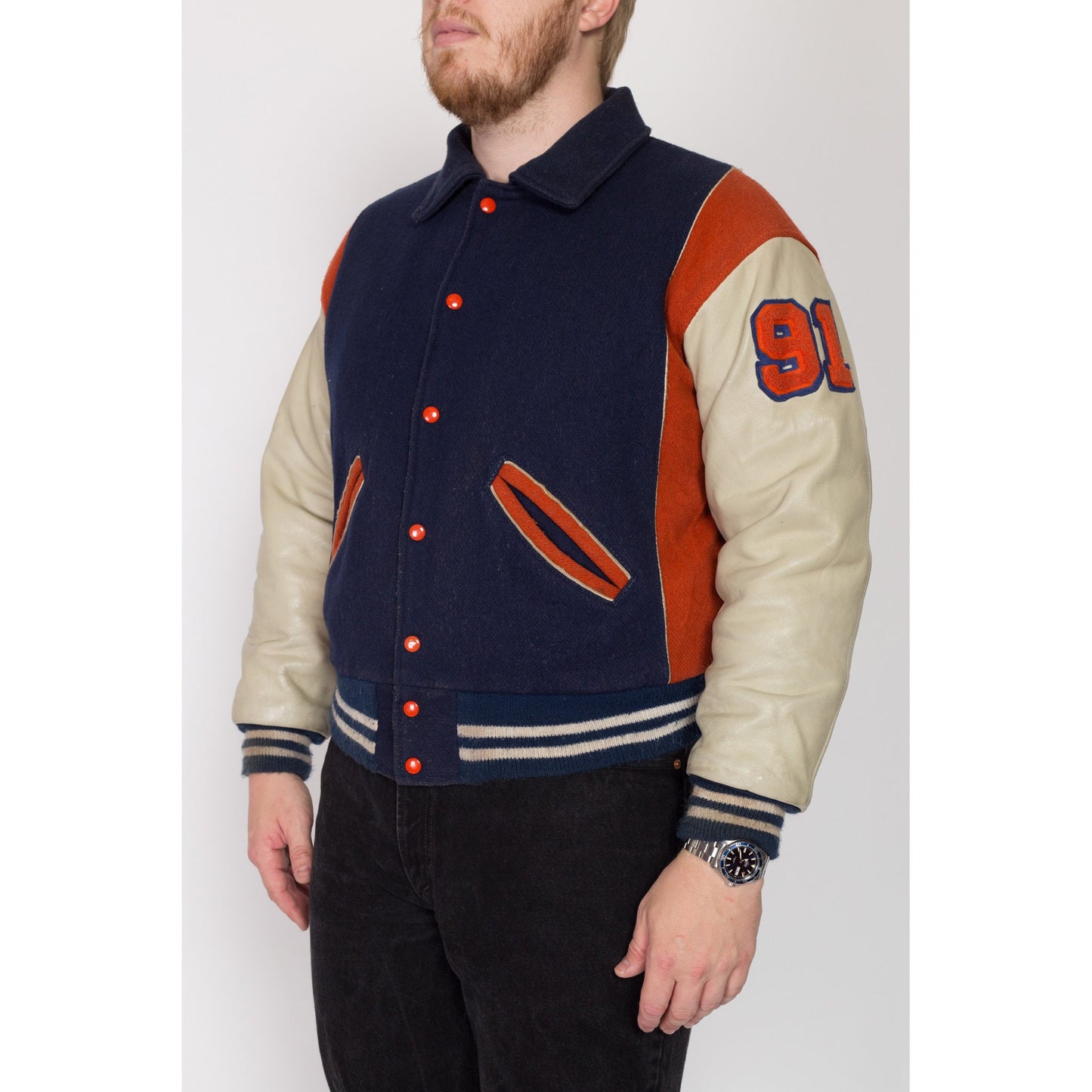 XL 70s Terrors Varsity Letterman Jacket | Vintage Team Logo Navy Blue Wool Leather Sleeve Athletic Coat