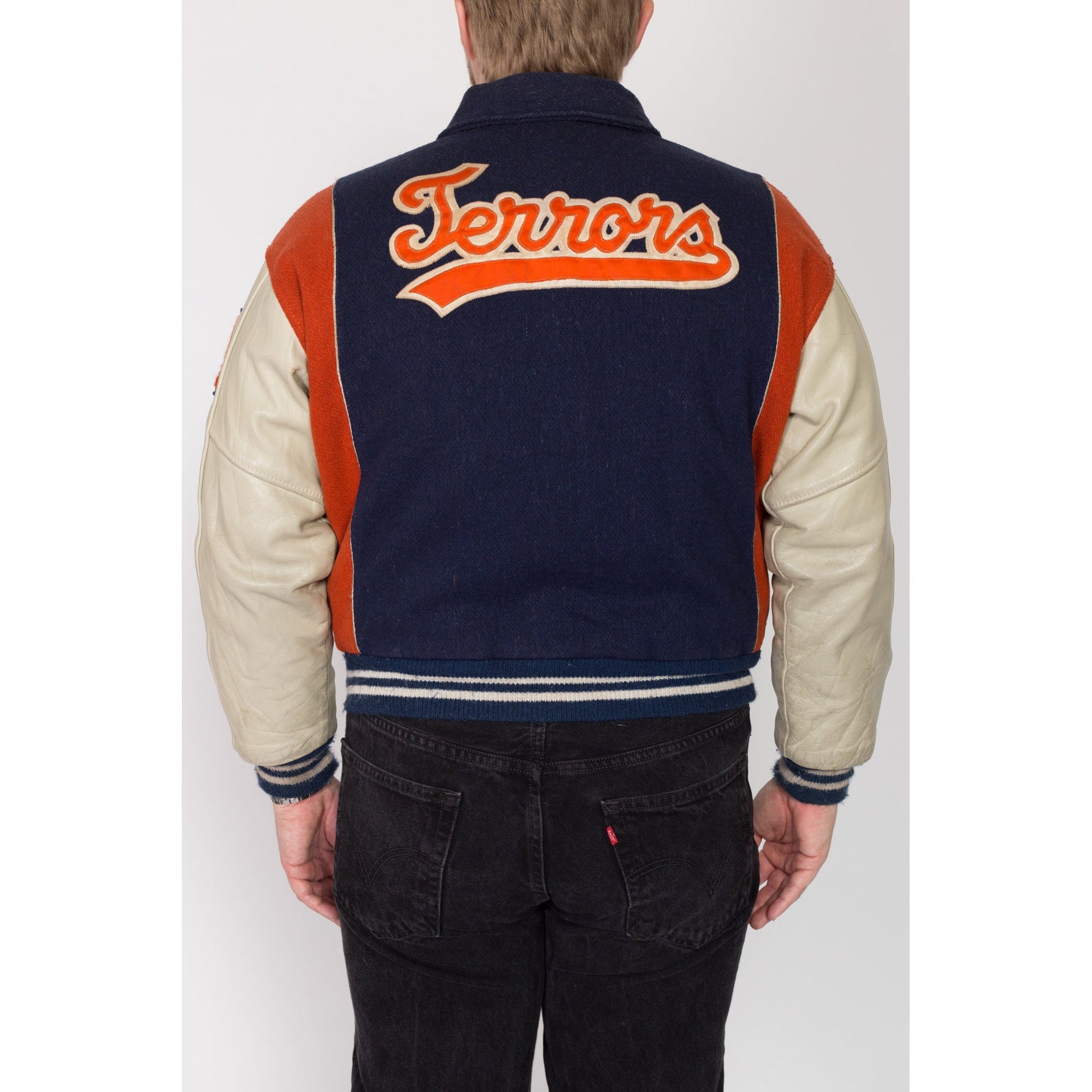 XL 70s Terrors Varsity Letterman Jacket | Vintage Team Logo Navy Blue Wool Leather Sleeve Athletic Coat