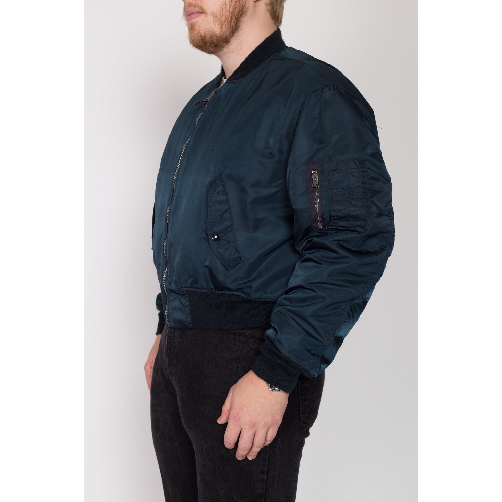 2X 90s MA-1 Reversible Bomber Flight Jacket | Vintage Navy Blue Satin Orange Lined Puffy Cropped Coat