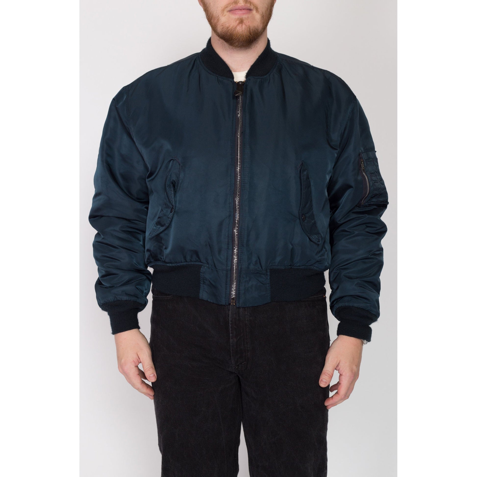2X 90s MA-1 Reversible Bomber Flight Jacket | Vintage Navy Blue Satin Orange Lined Puffy Cropped Coat