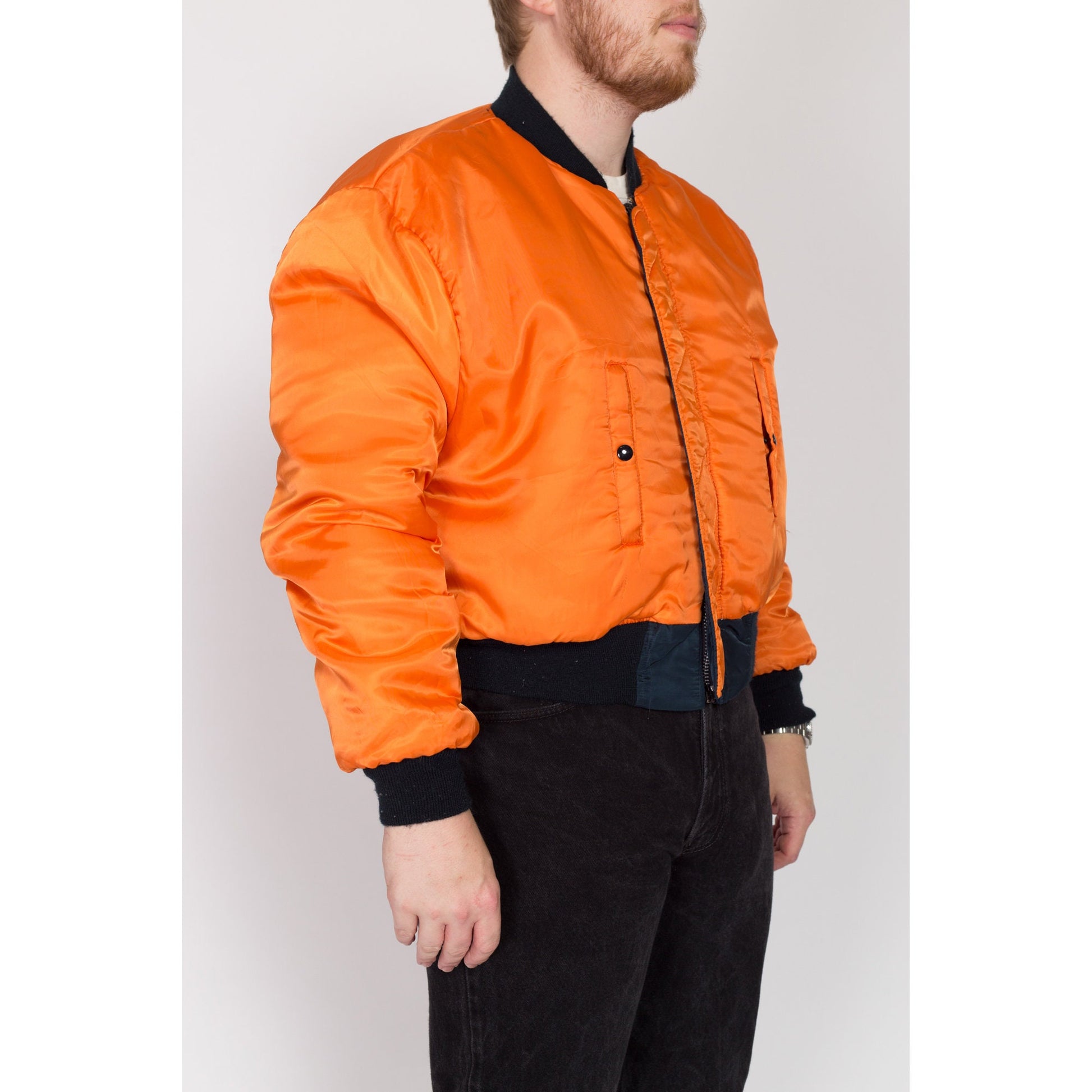 2X 90s MA-1 Reversible Bomber Flight Jacket | Vintage Navy Blue Satin Orange Lined Puffy Cropped Coat