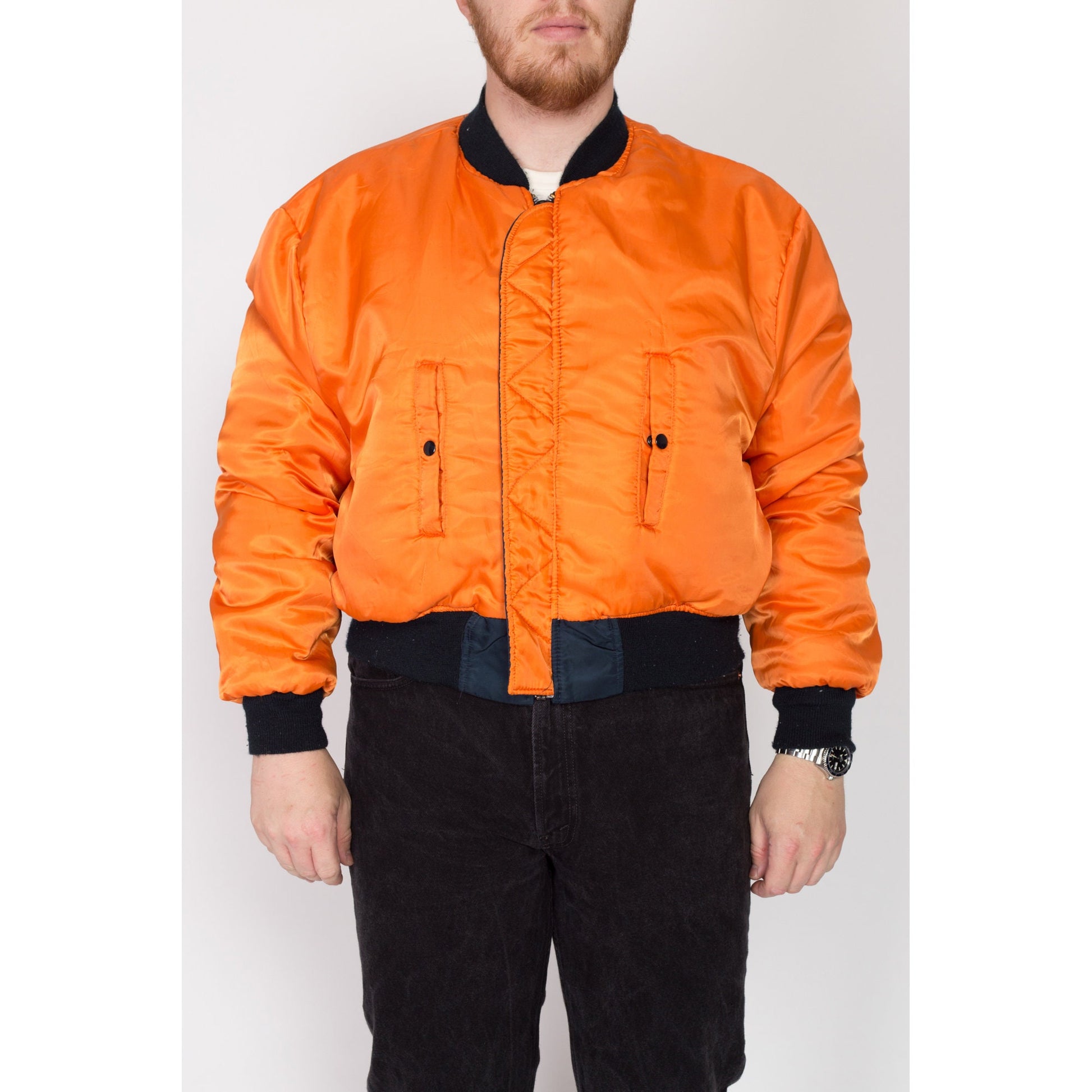 2X 90s MA-1 Reversible Bomber Flight Jacket | Vintage Navy Blue Satin Orange Lined Puffy Cropped Coat