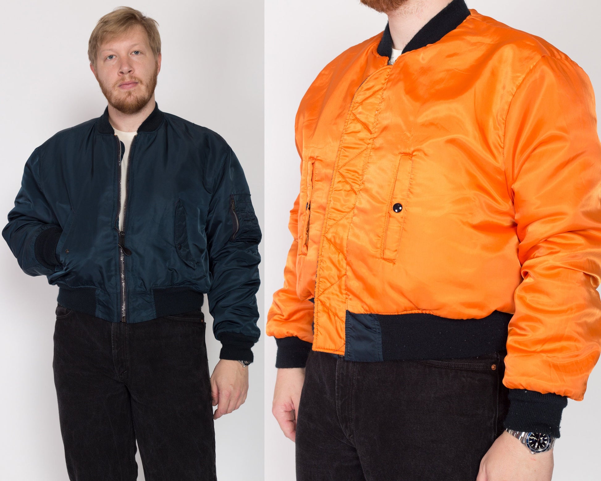 2X 90s MA-1 Reversible Bomber Flight Jacket | Vintage Navy Blue Satin Orange Lined Puffy Cropped Coat