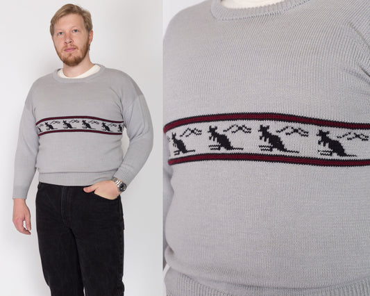 Large 70s Kangaroo Grey Knit Sweater | Vintage Hand-Knit Wool Novelty Animal Pullover Jumper