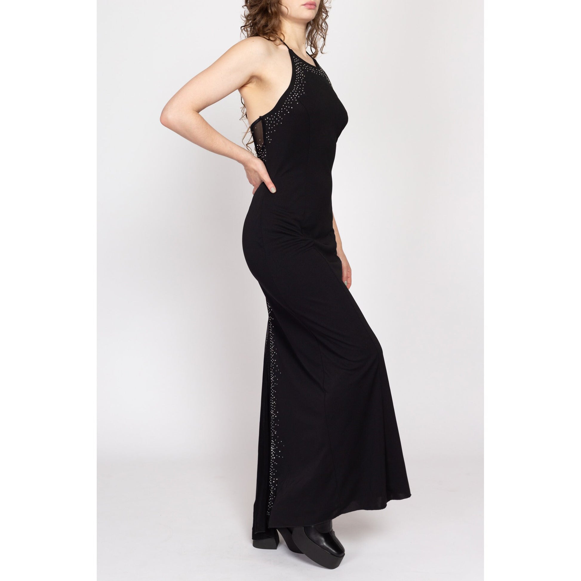 90s Black Beaded Sheer Low Back Maxi Dress