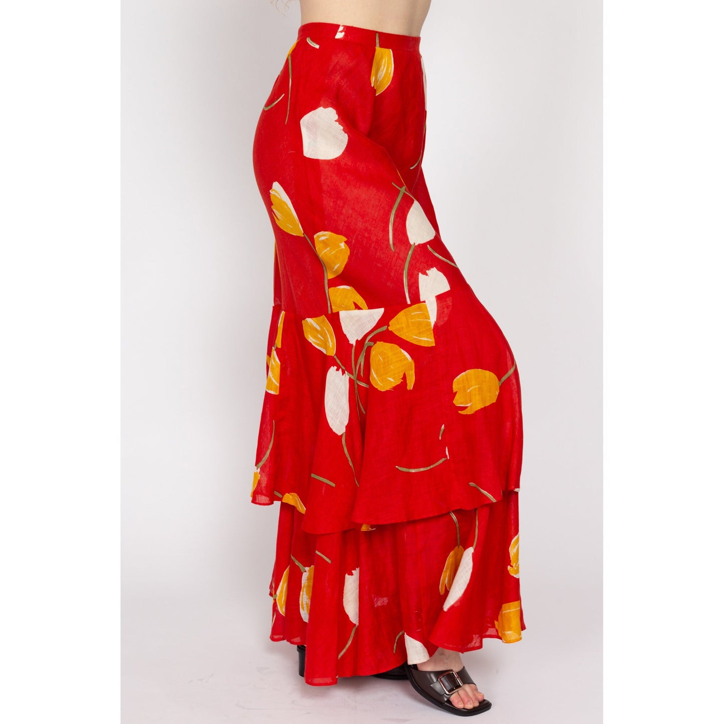Small 70s Red Linen Tulip Print Maxi Skirt 26.5" | Vintage Floral High Waisted A Line Boho Tiered Skirt