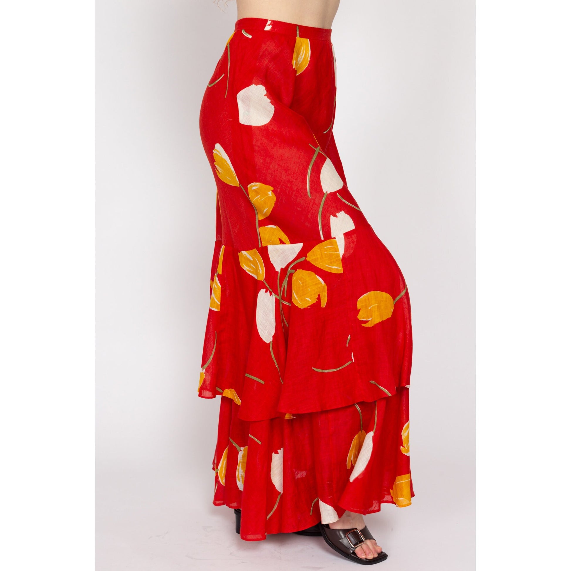 Small 70s Red Linen Tulip Print Maxi Skirt 26.5" | Vintage Floral High Waisted A Line Boho Tiered Skirt