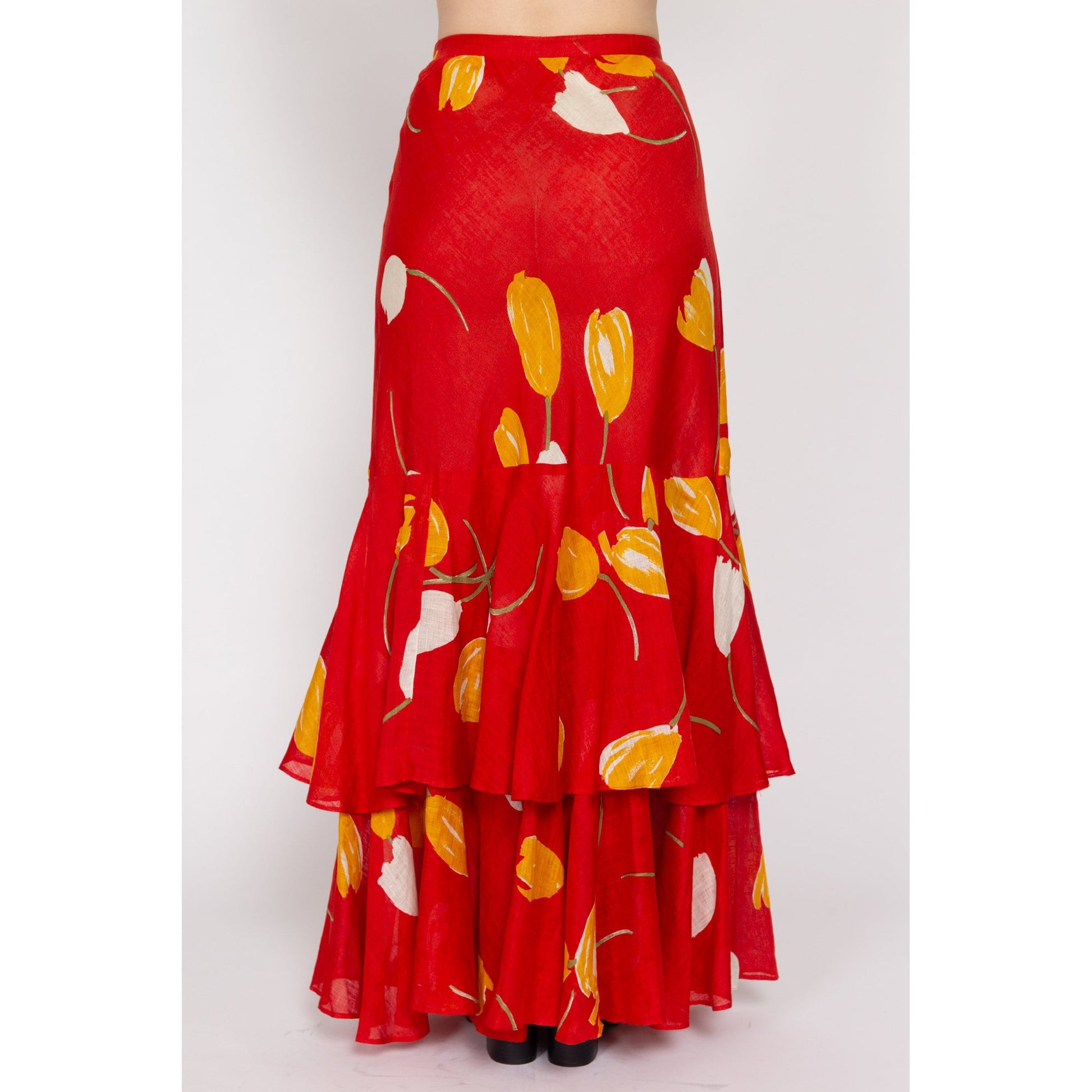 Small 70s Red Linen Tulip Print Maxi Skirt 26.5" | Vintage Floral High Waisted A Line Boho Tiered Skirt