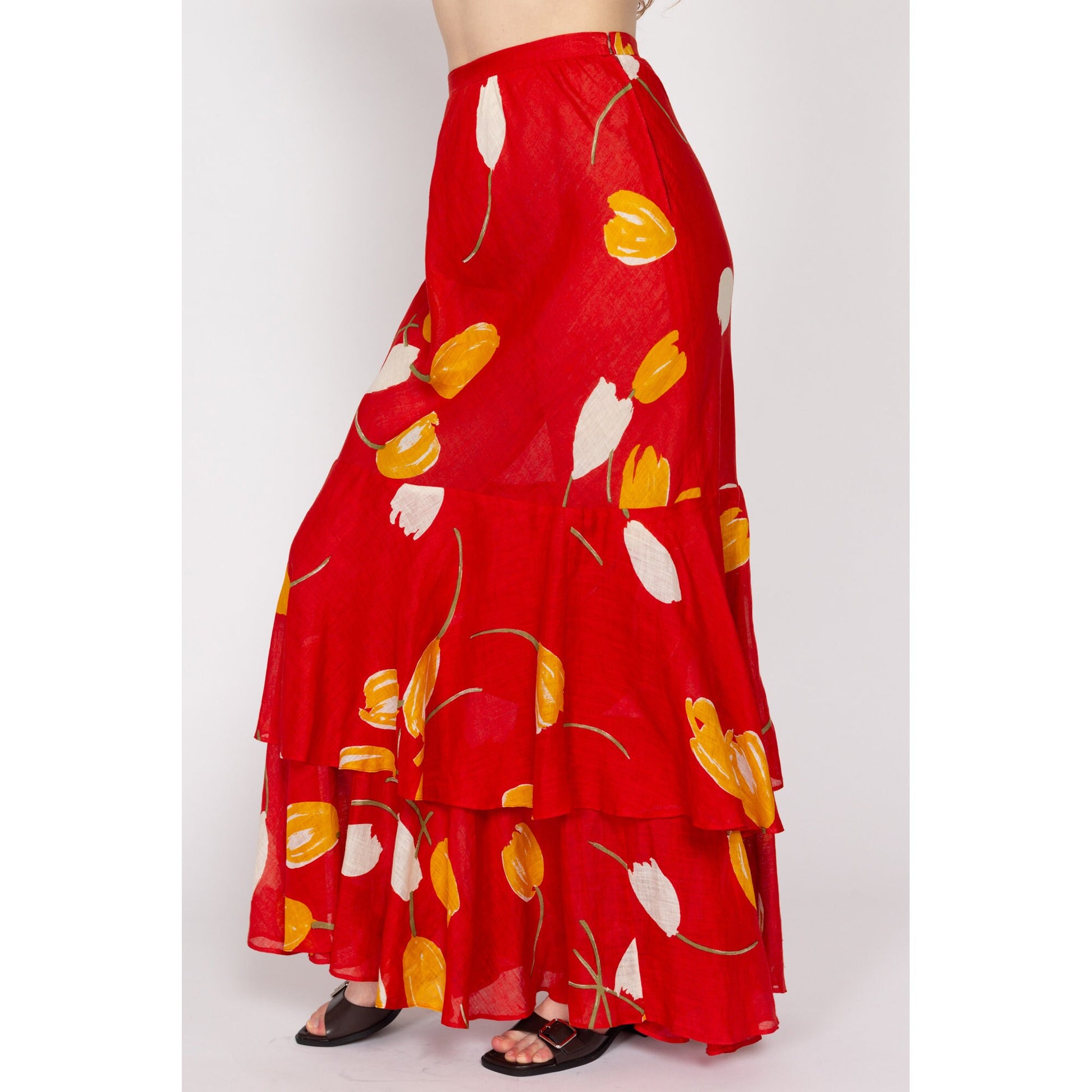 Small 70s Red Linen Tulip Print Maxi Skirt 26.5" | Vintage Floral High Waisted A Line Boho Tiered Skirt