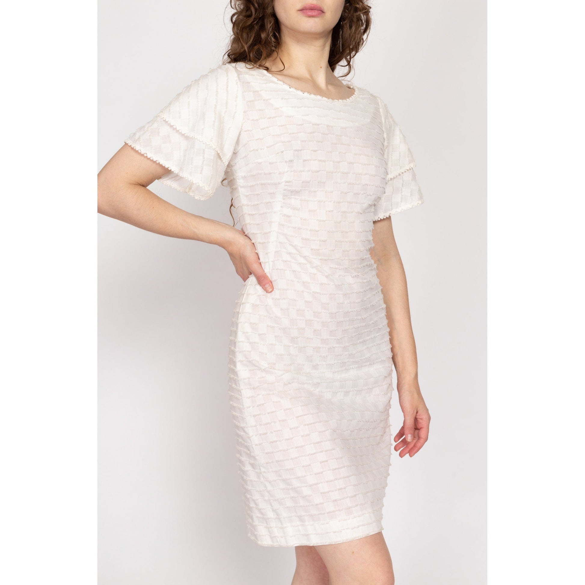 Sm-Med 60s Betty Barclay White Fringe Mini Dress | Vintage A Line Boho Short Flutter Sleeve Dress