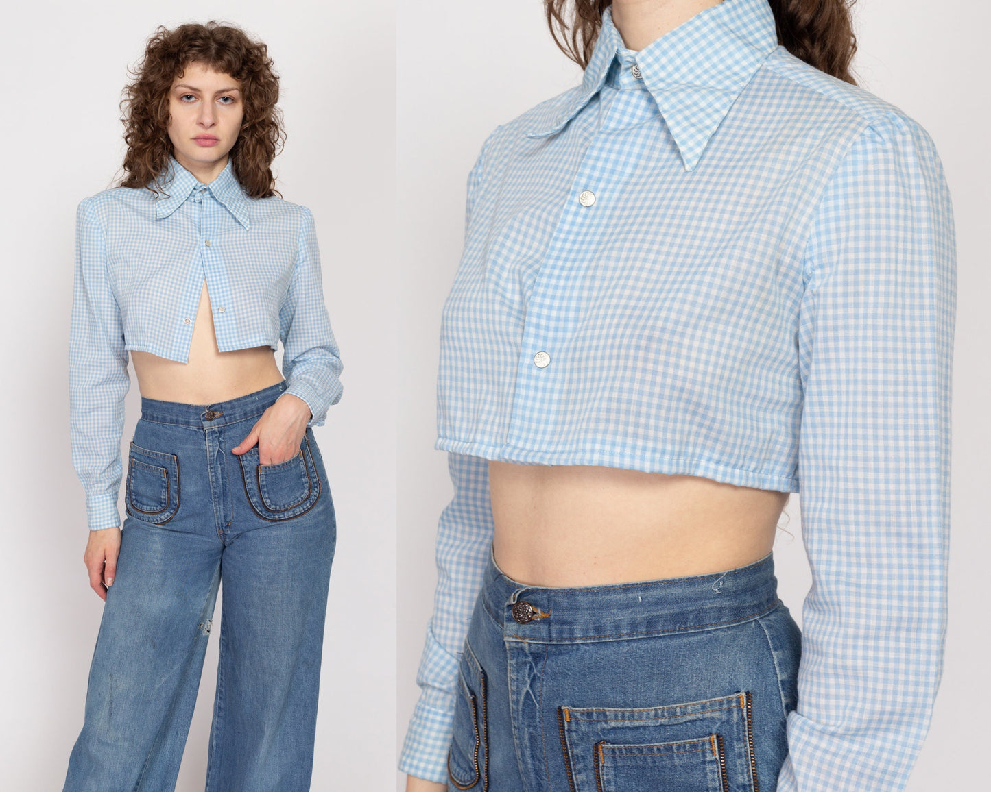 Medium 70s Blue Gingham Cropped Long Sleeve Shirt | Vintage Snap Front Collared Crop Top Blouse