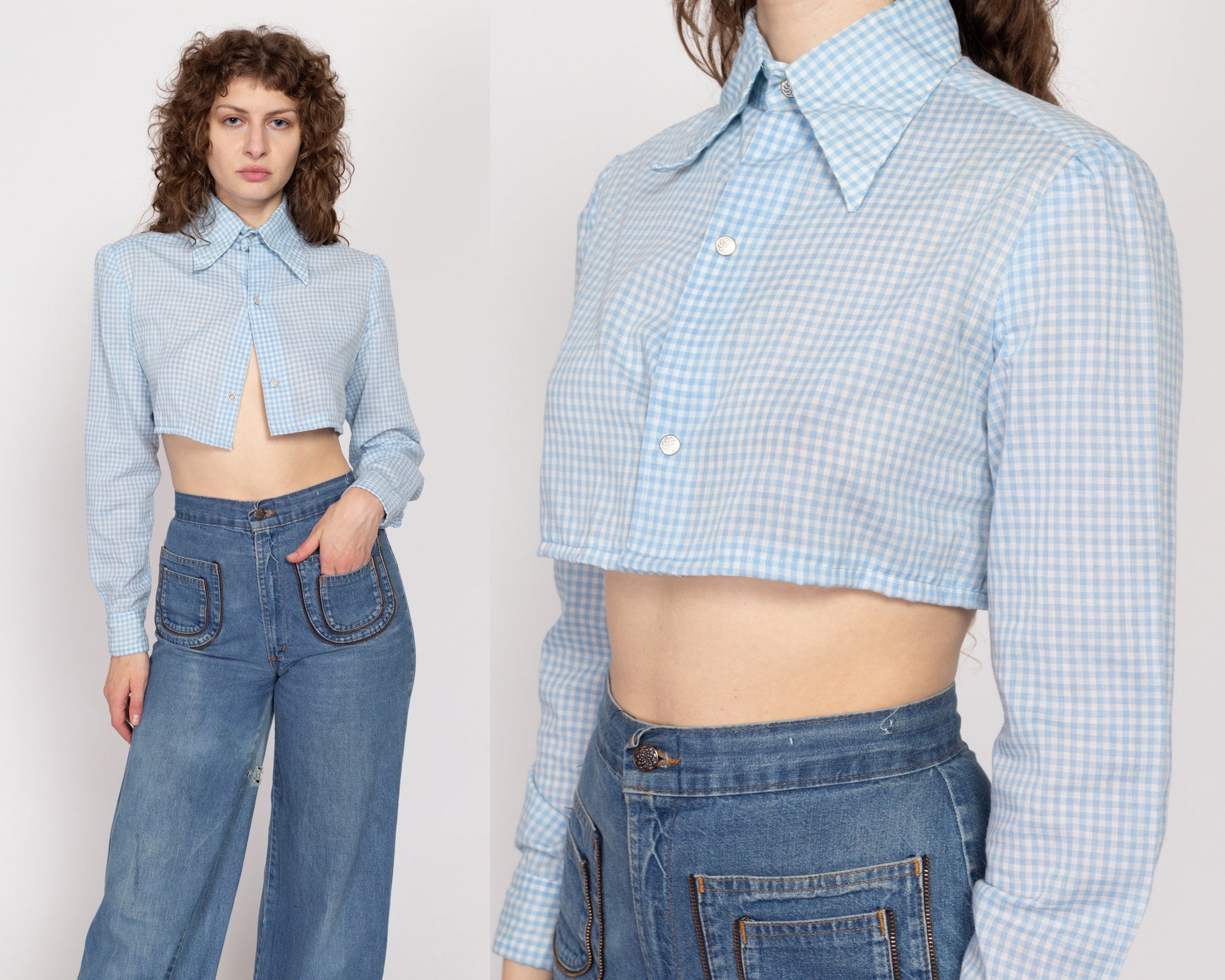 Medium 70s Blue Gingham Cropped Long Sleeve Shirt | Vintage Snap Front Collared Crop Top Blouse