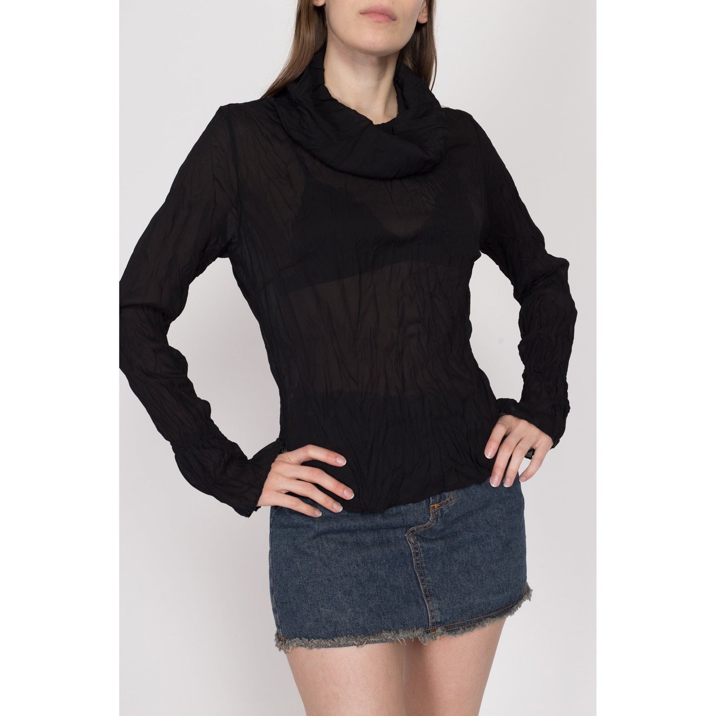 Large 90s Y2K Sheer Black Crinkle Textured Top | Vintage Long Sleeve Cowl Turtleneck Shirt