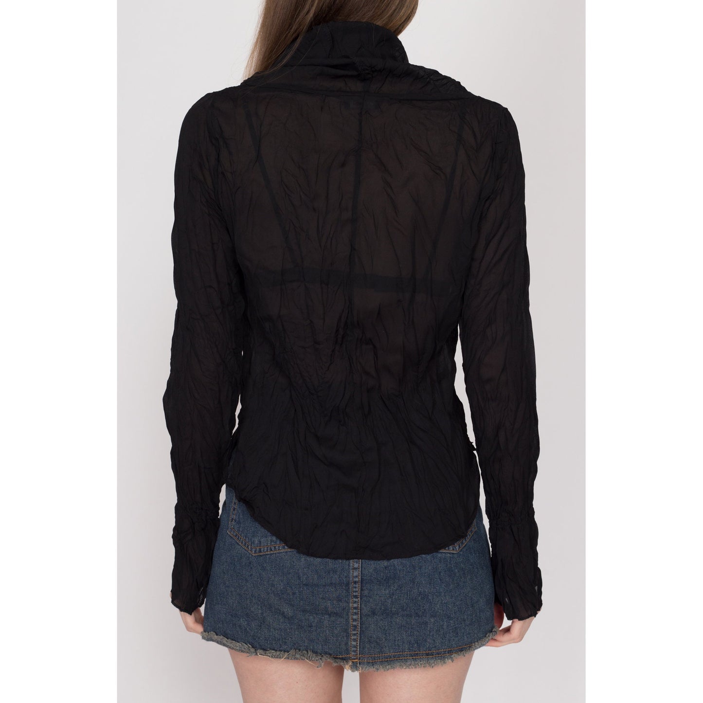 Large 90s Y2K Sheer Black Crinkle Textured Top | Vintage Long Sleeve Cowl Turtleneck Shirt