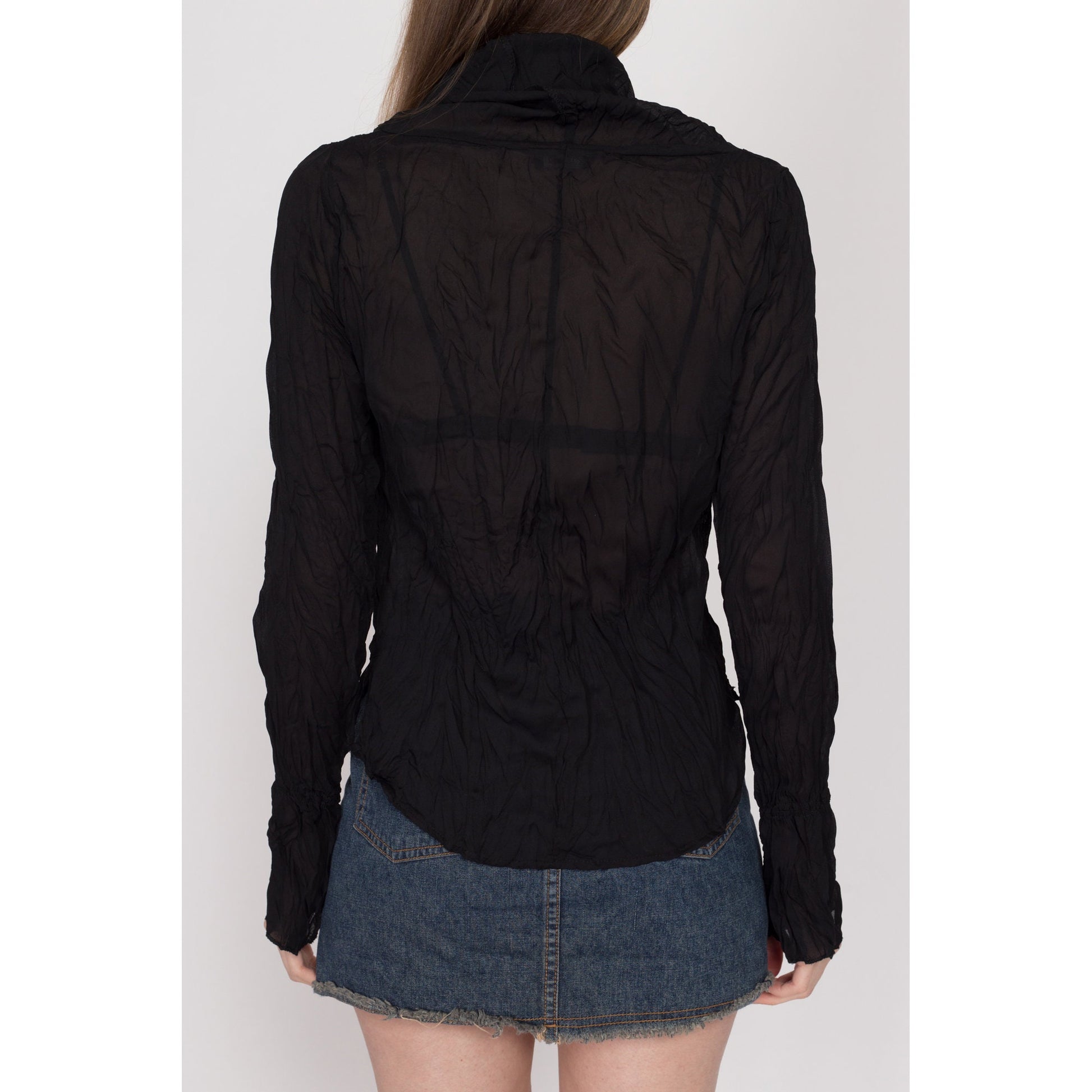 Large 90s Y2K Sheer Black Crinkle Textured Top | Vintage Long Sleeve Cowl Turtleneck Shirt