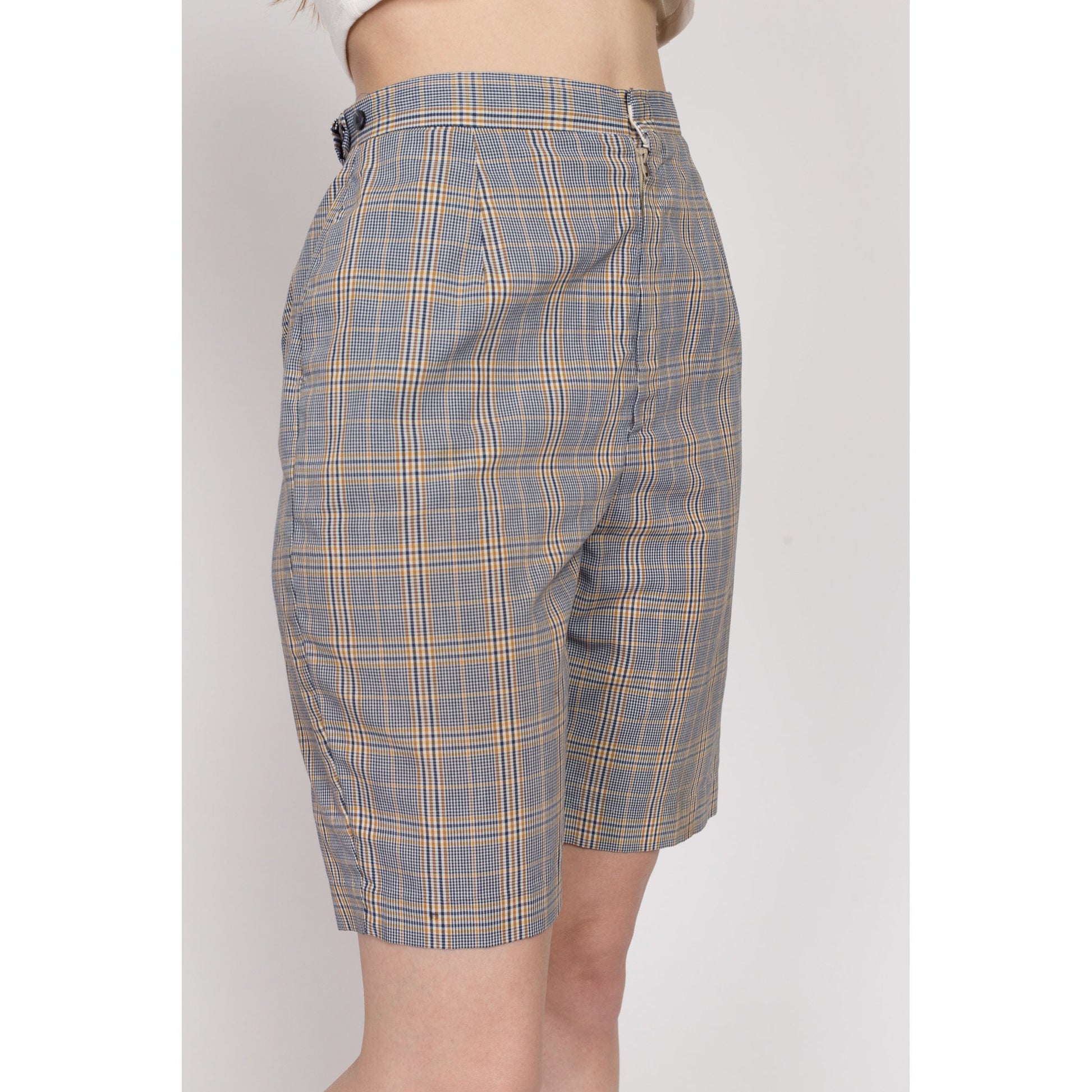 XS 60s Blue & Yellow Plaid High Waisted Shorts 23"-25" | Retro Vintage Curvy Hourglass Fit Bermuda Shorts