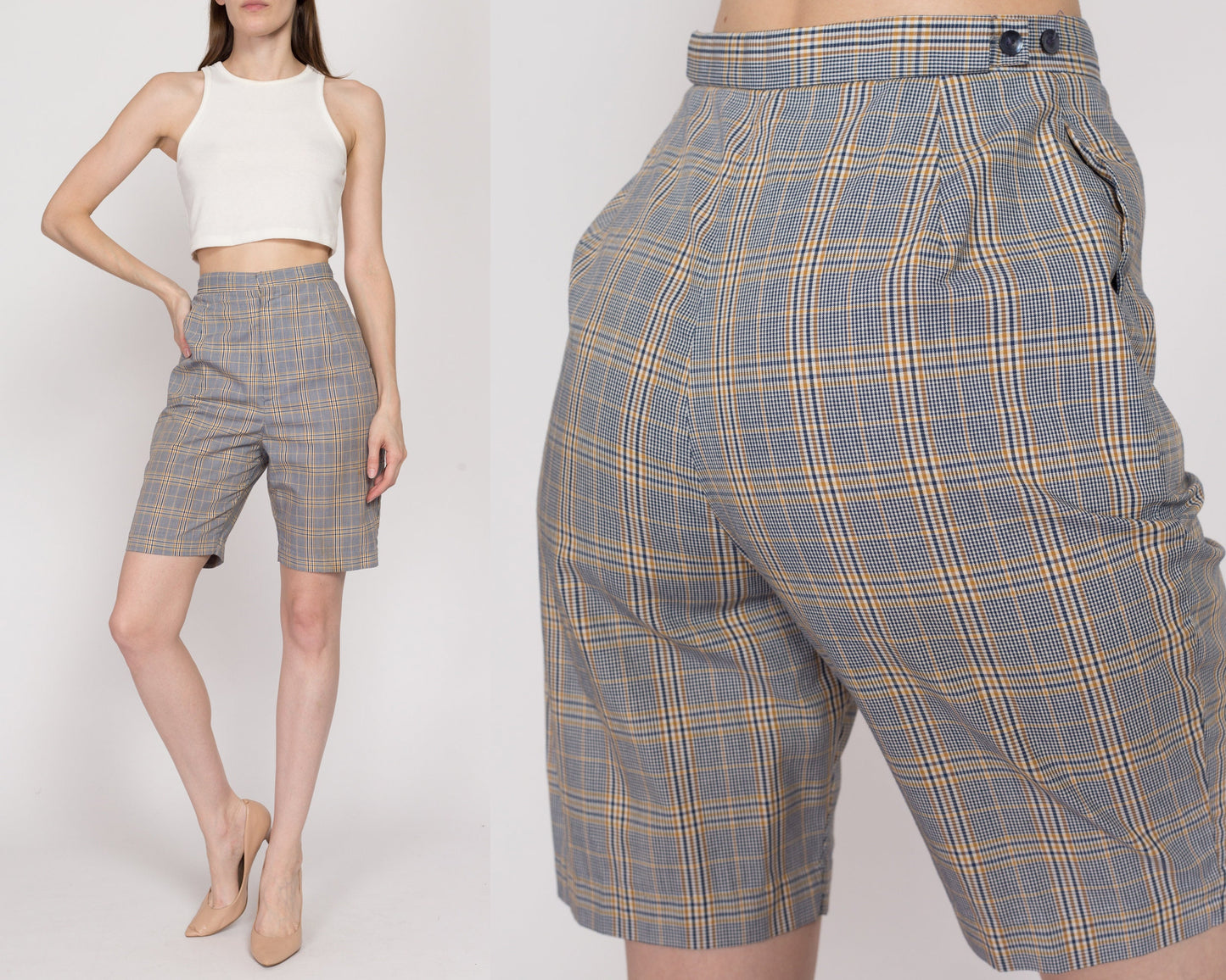 XS 60s Blue & Yellow Plaid High Waisted Shorts 23"-25" | Retro Vintage Curvy Hourglass Fit Bermuda Shorts