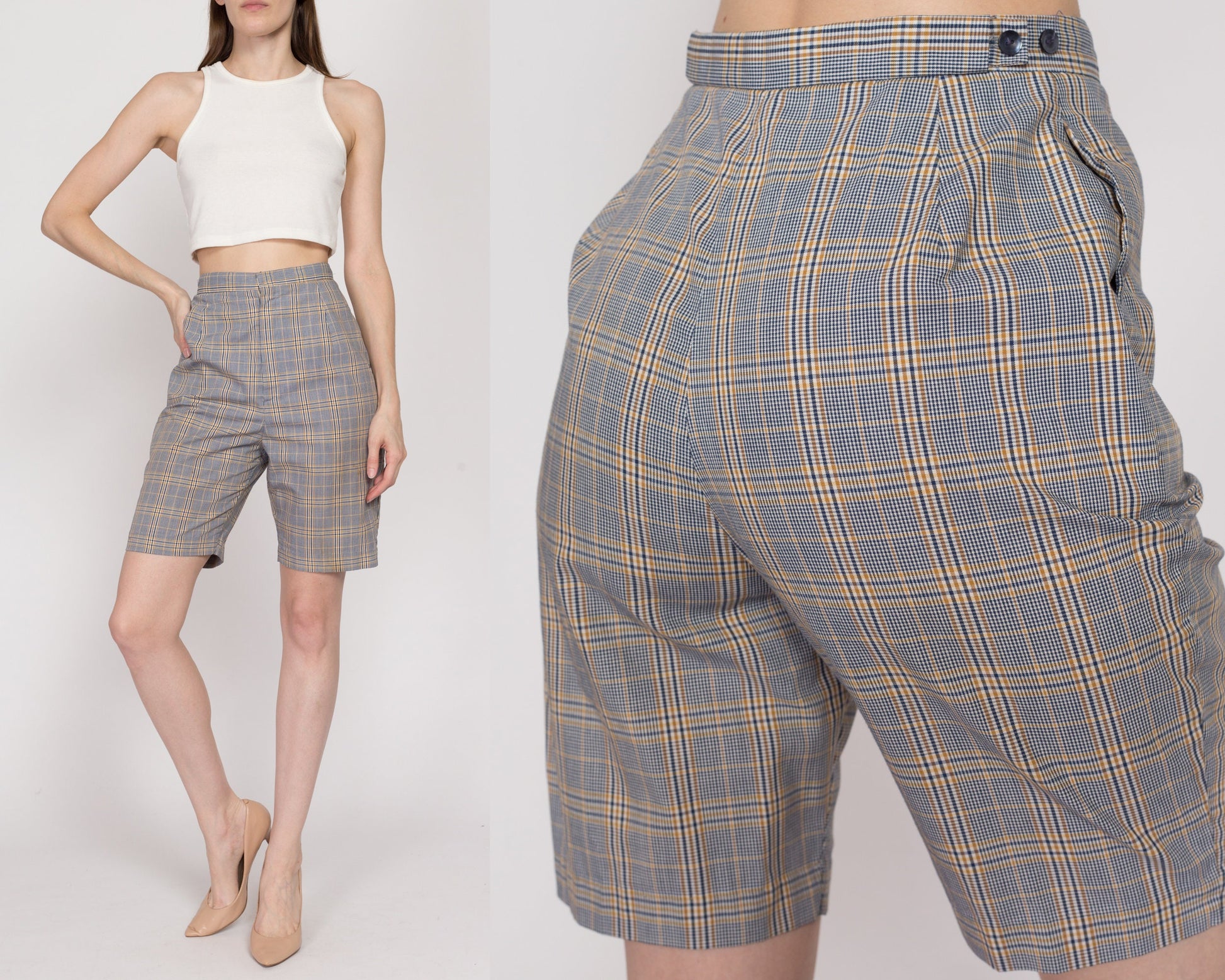 XS 60s Blue & Yellow Plaid High Waisted Shorts 23"-25" | Retro Vintage Curvy Hourglass Fit Bermuda Shorts