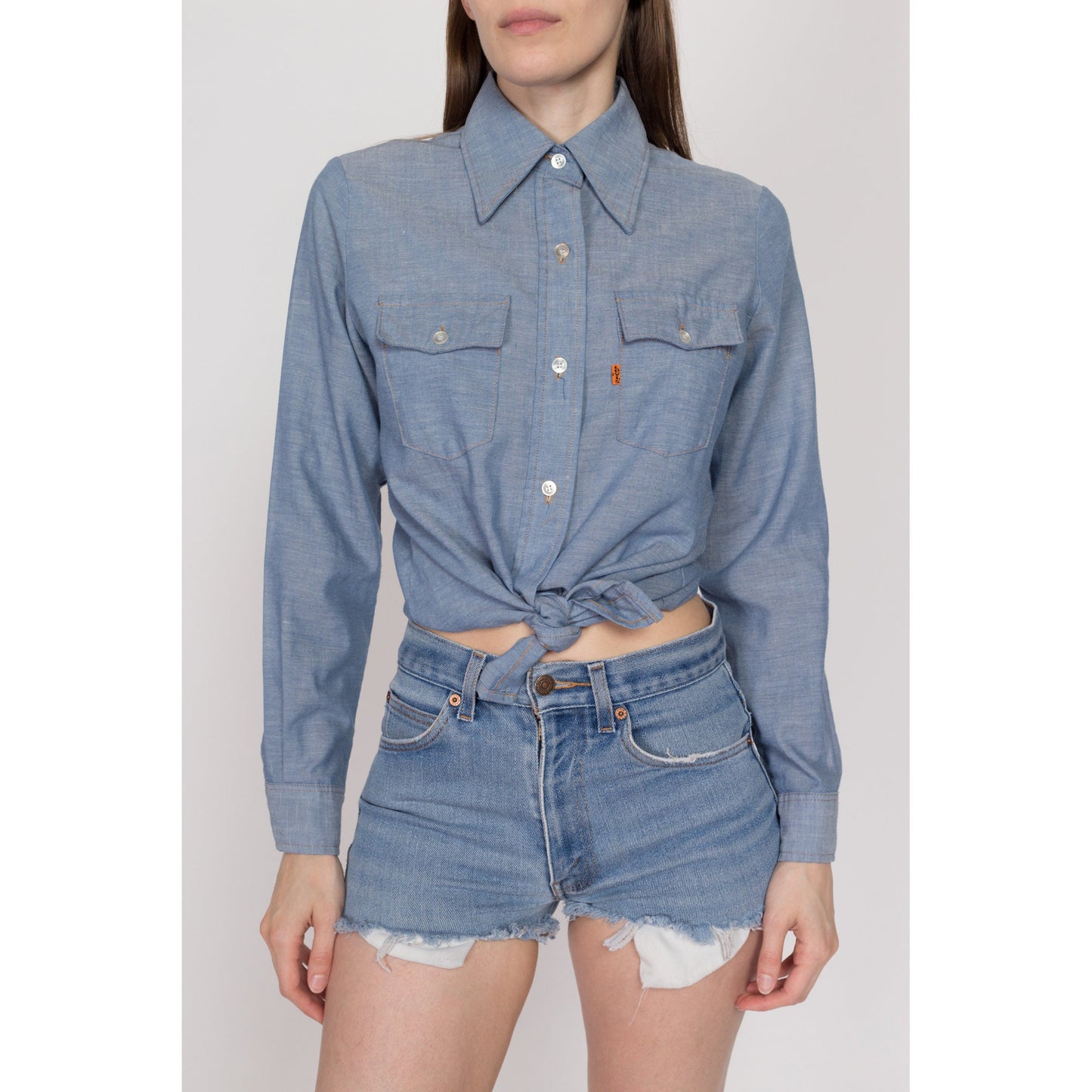 Med-Lrg 70s Levi's Chambray "Jan" Shirt | Vintage Blue Long Sleeve Button Up Collared Top