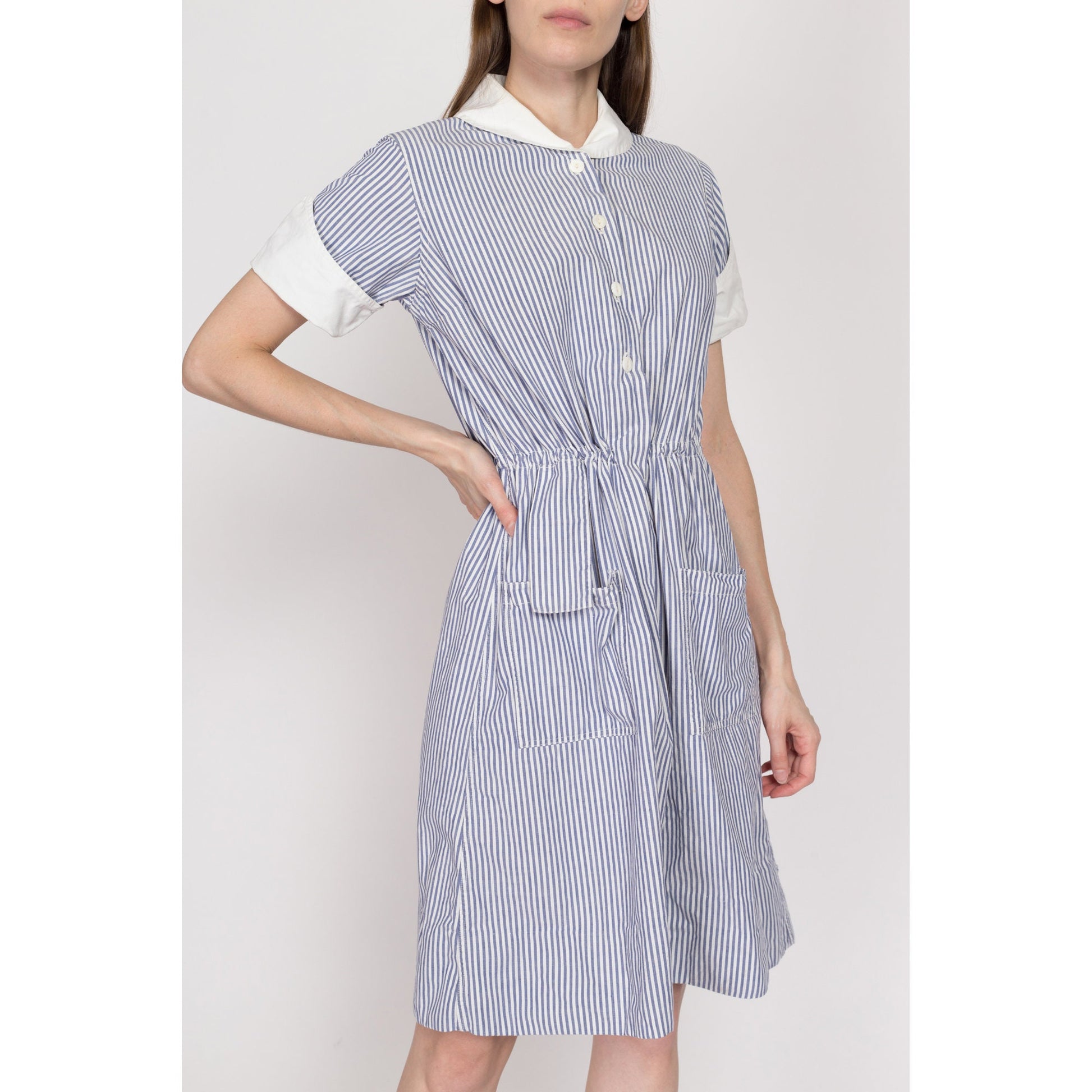 Medium 1940s Nurse Uniform Blue & White Striped Dress | Vintage 40s Authentic Nursing Outfit Pinstripe Pocket Mini Dress