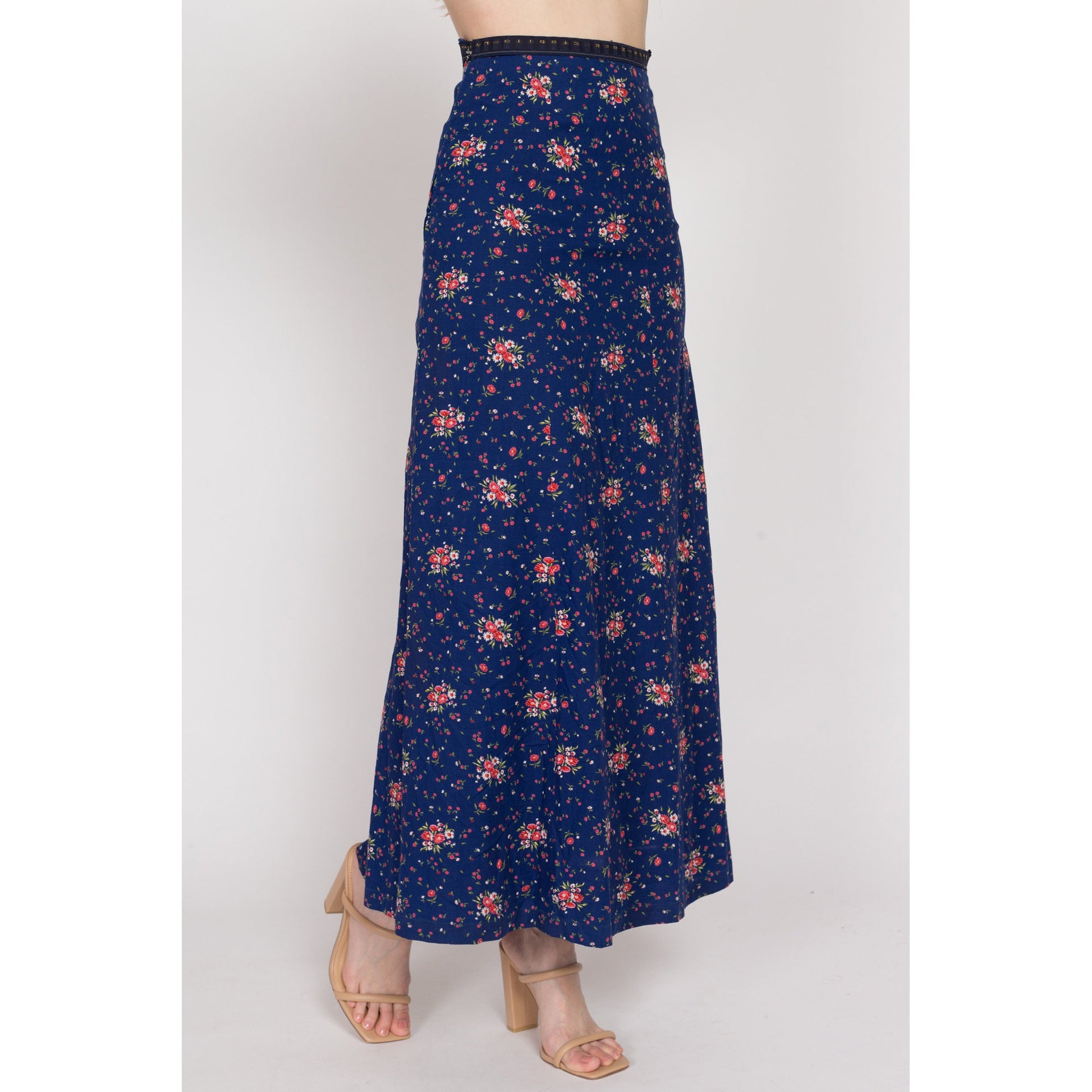 XS 70s Navy Blue Floral Maxi Skirt | Vintage A Line High Waisted Hippie Hostess Skirt