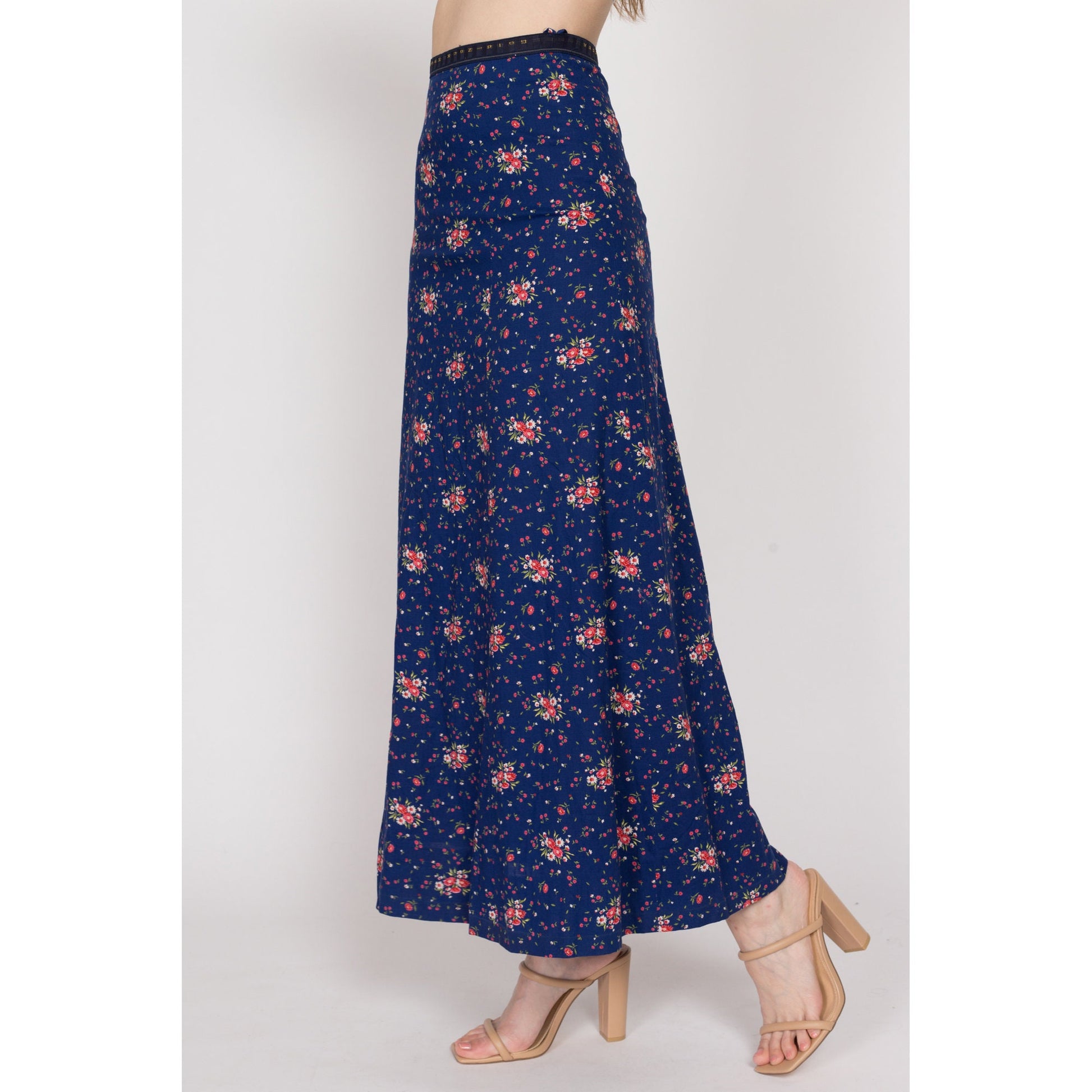 XS 70s Navy Blue Floral Maxi Skirt | Vintage A Line High Waisted Hippie Hostess Skirt
