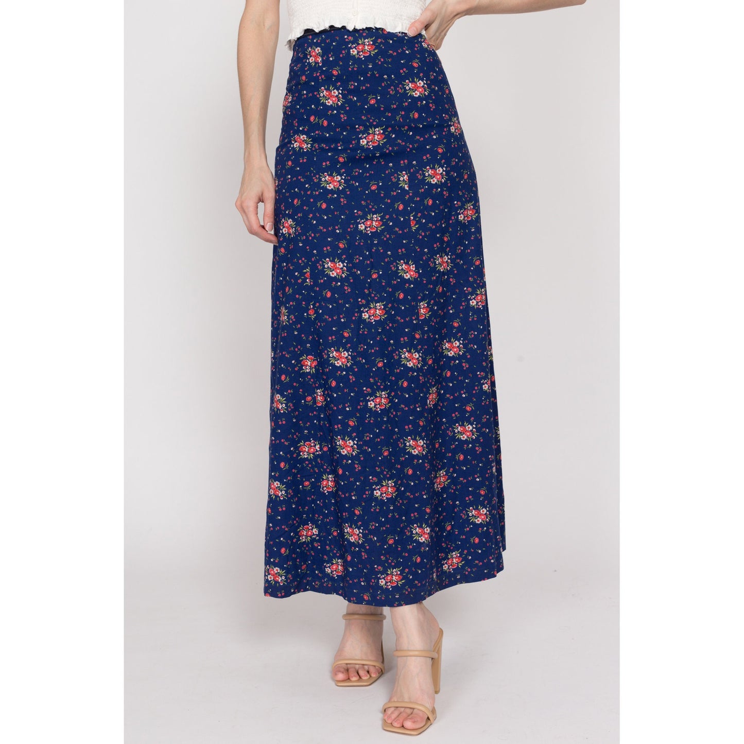 XS 70s Navy Blue Floral Maxi Skirt | Vintage A Line High Waisted Hippie Hostess Skirt