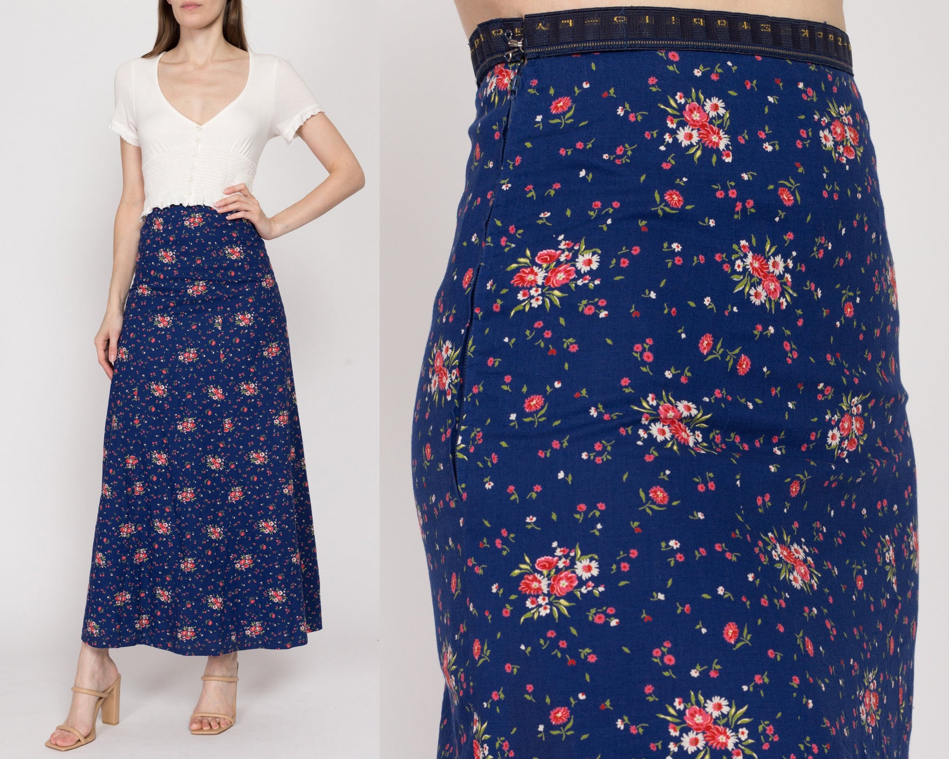XS 70s Navy Blue Floral Maxi Skirt | Vintage A Line High Waisted Hippie Hostess Skirt