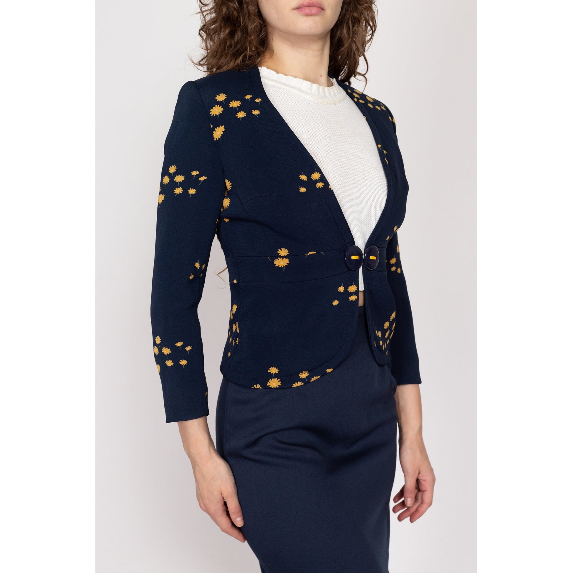 XS 70s Navy Blue Floral Blazer | Vintage Deep V Neck Long Sleeve Fitted Jacket Top