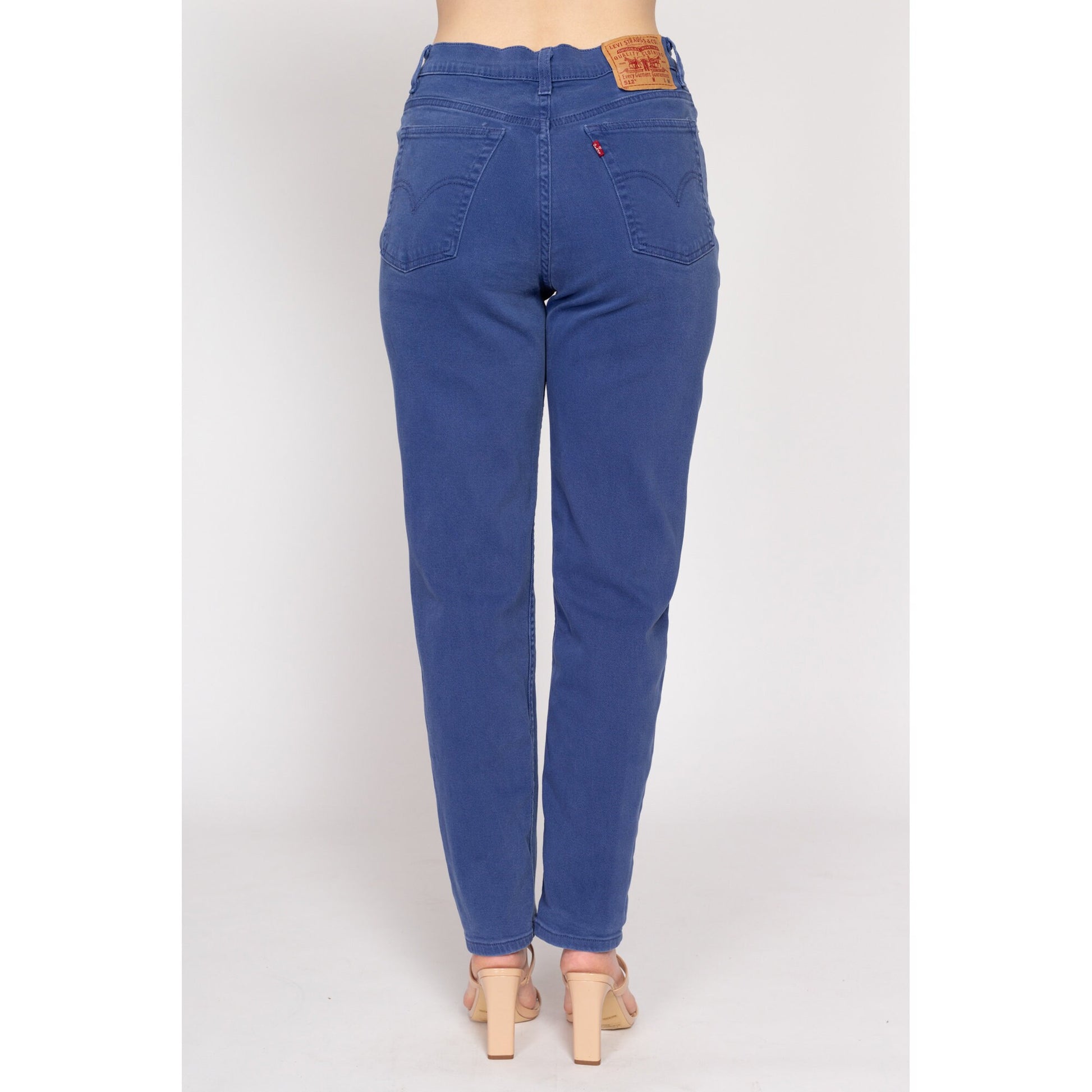 Medium 90s Levis 512 High Waisted Jeans 29" | Vintage Levi's Periwinkle Blue Denim Slim Tapered Leg Stretchy Mom Jeans