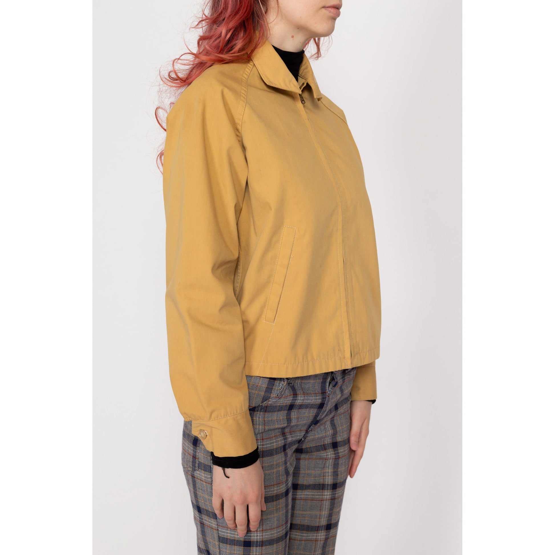 XS 70s Mustard Yellow Gabardine Jacket | Vintage Zip Up Collared Lightweight Sportswear Jacket