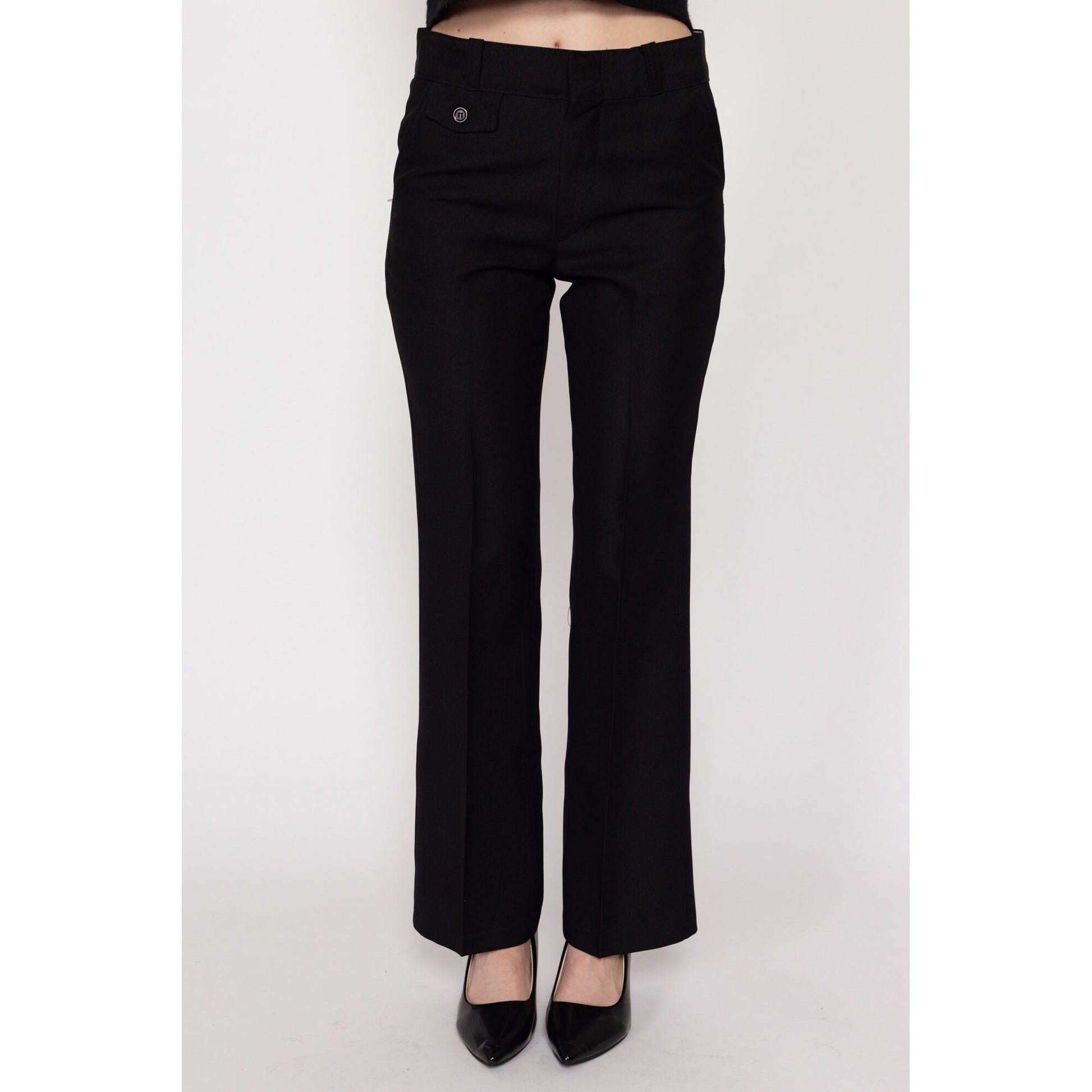 XS 70s Black Bootcut Trousers | Vintage High Waisted Polyester Pants