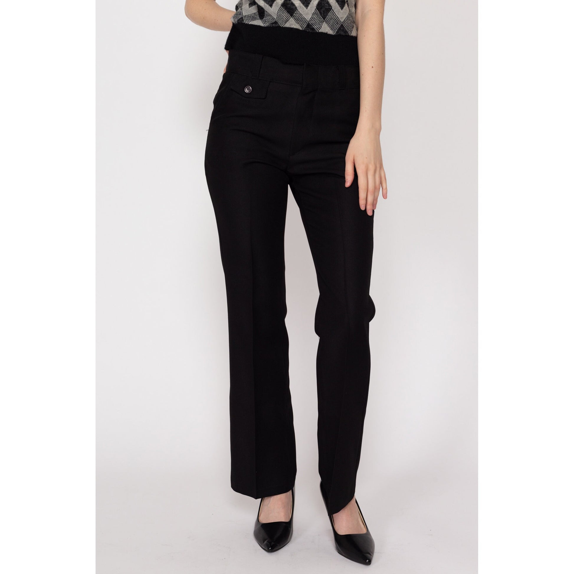 XS 70s Black Bootcut Trousers | Vintage High Waisted Polyester Pants
