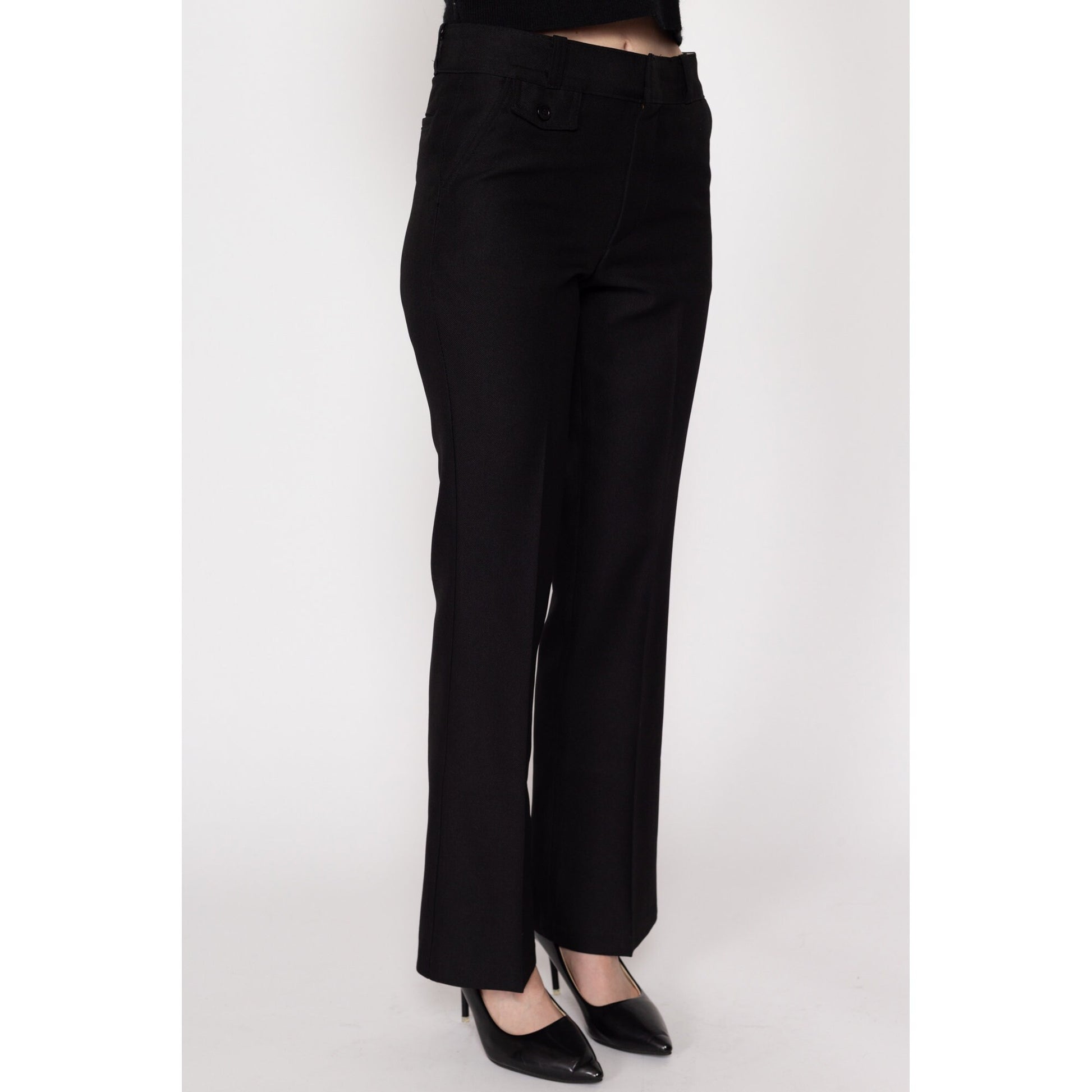 XS 70s Black Bootcut Trousers | Vintage High Waisted Polyester Pants