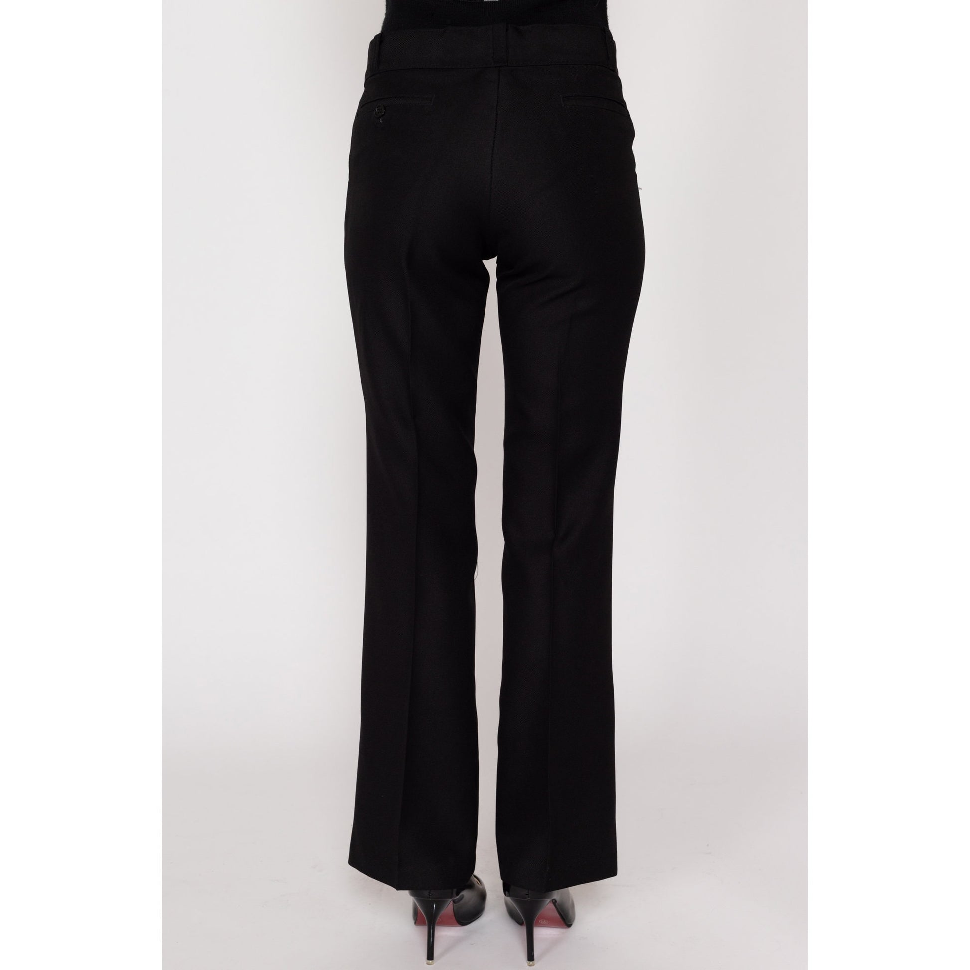 XS 70s Black Bootcut Trousers | Vintage High Waisted Polyester Pants
