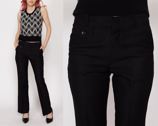 XS 70s Black Bootcut Trousers | Vintage High Waisted Polyester Pants
