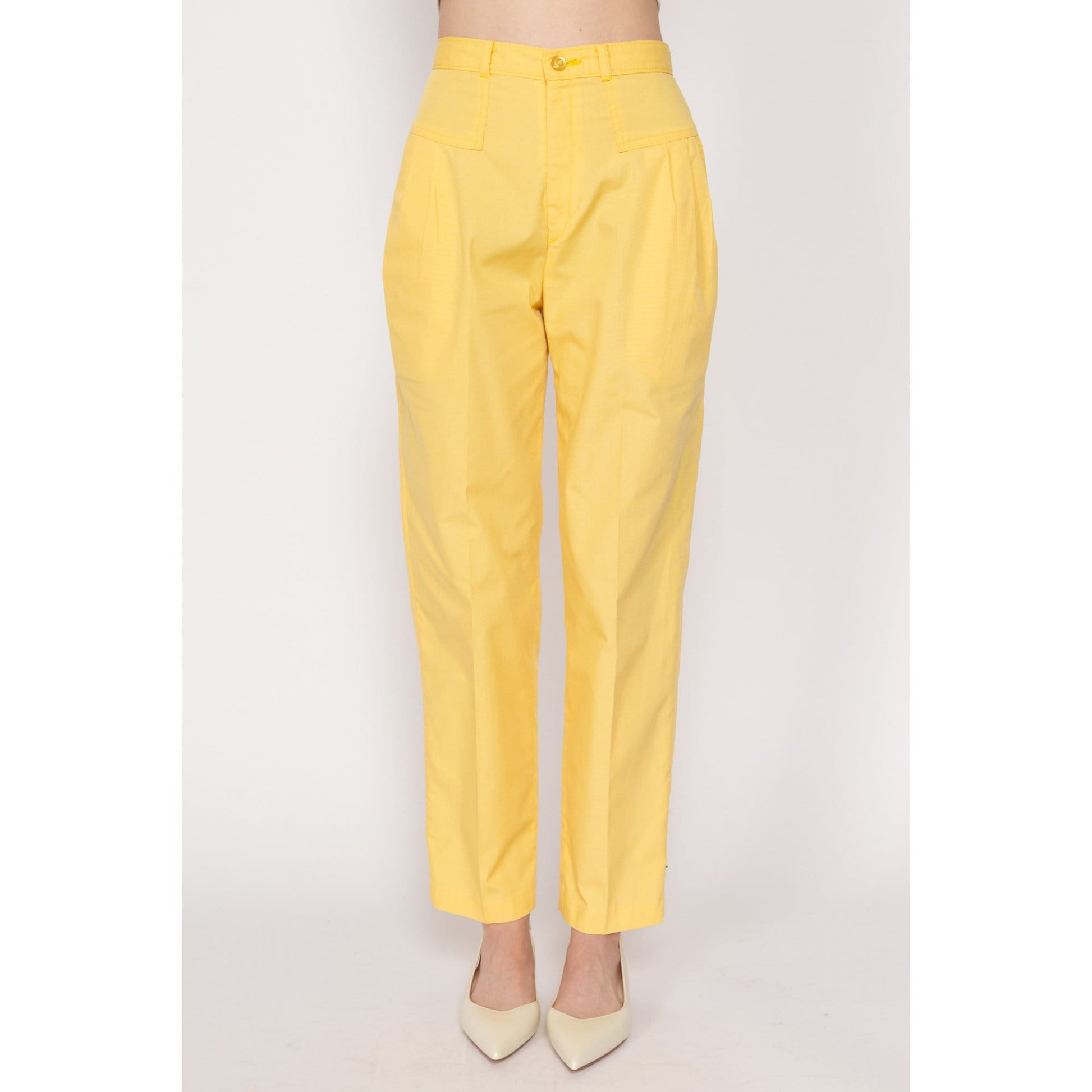Petite XS 80s Yellow High Waisted Pleated Pants 24" | Retro Preppy Vintage Tapered Leg Trousers