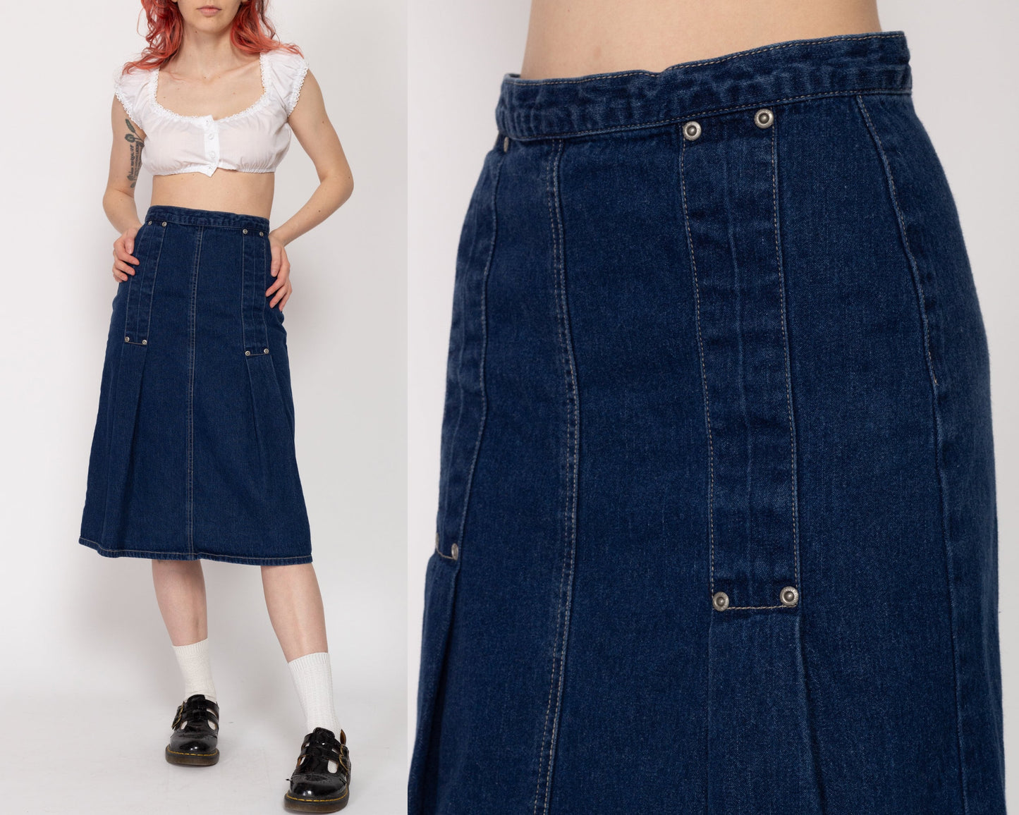 XS 90s Cavaricci Dark Wash Denim Midi Skirt | Vintage Grunge Mid Rise A Line Jean Skirt