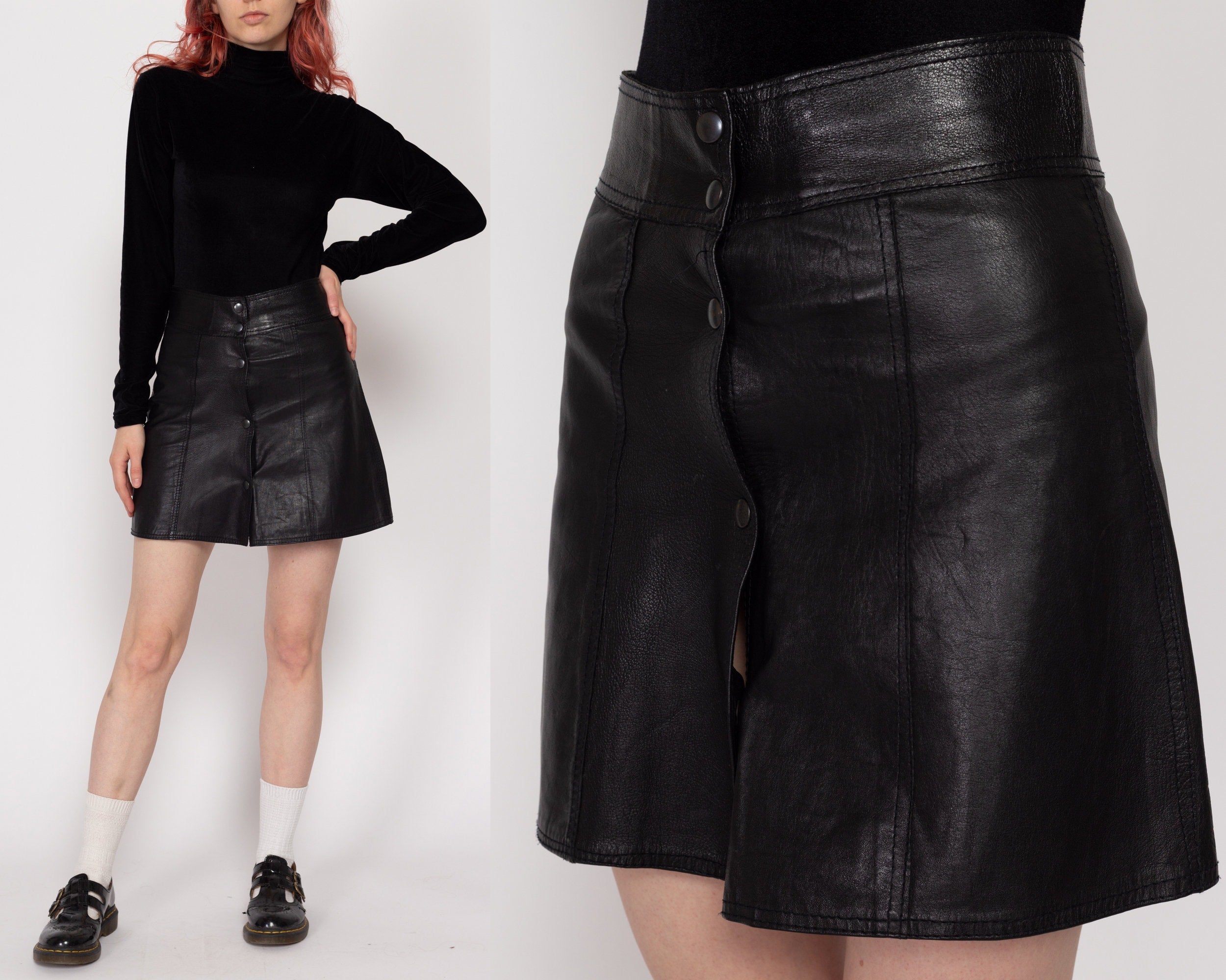 XXS XS 90s Black Snap Up Leather Mini Skirt Flying Apple Vintage