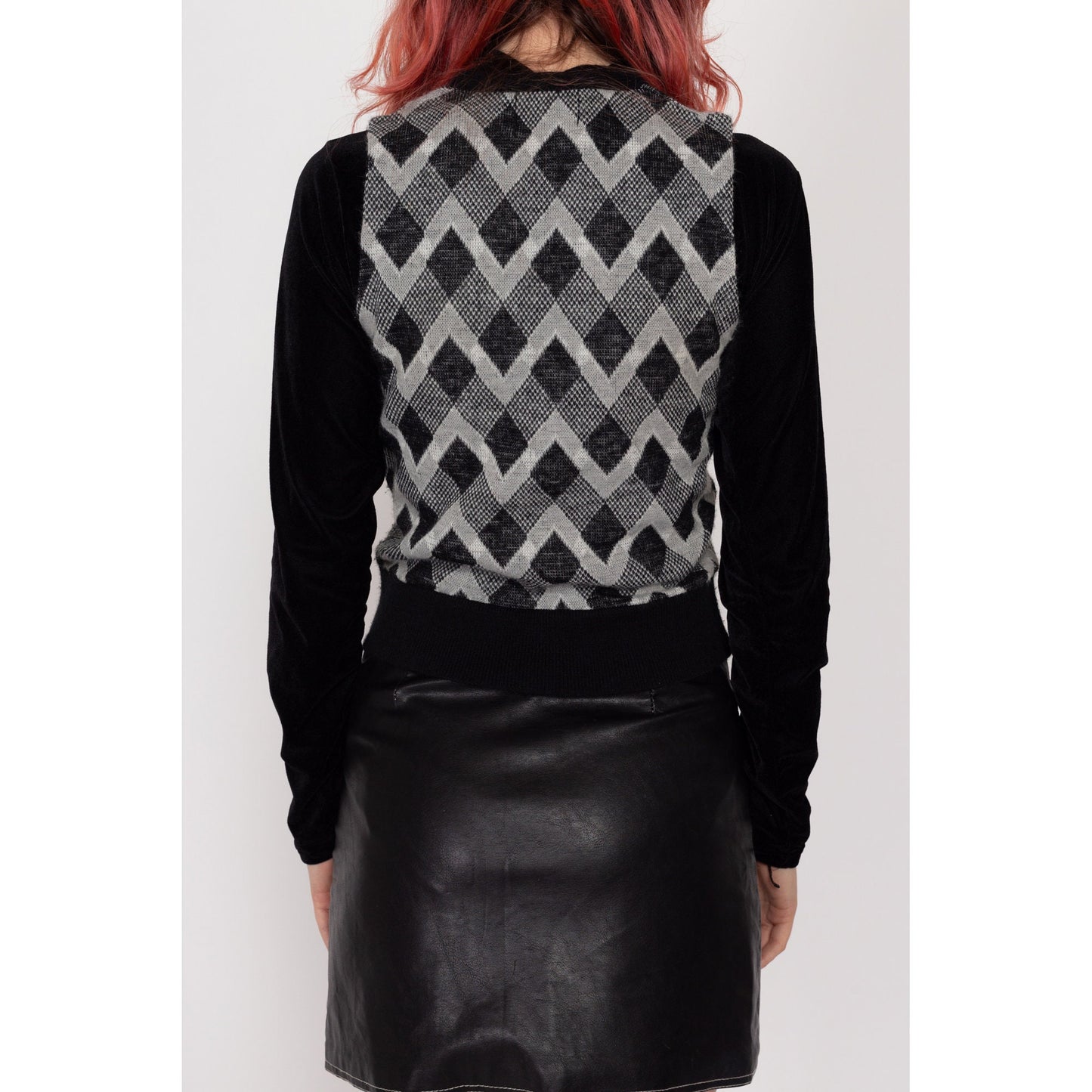 XS 70s Black & Grey Argyle Sweater Vest | Vintage Diamond Pattern Knit Crop Top
