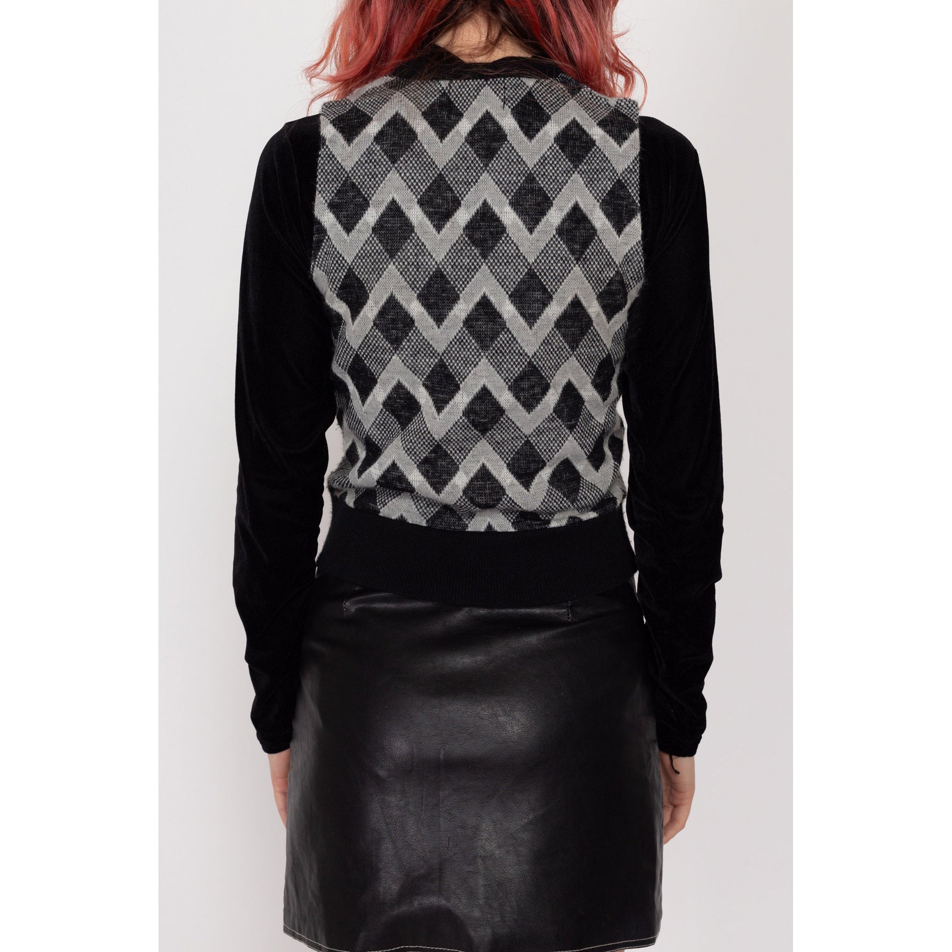 XS 70s Black & Grey Argyle Sweater Vest | Vintage Diamond Pattern Knit Crop Top