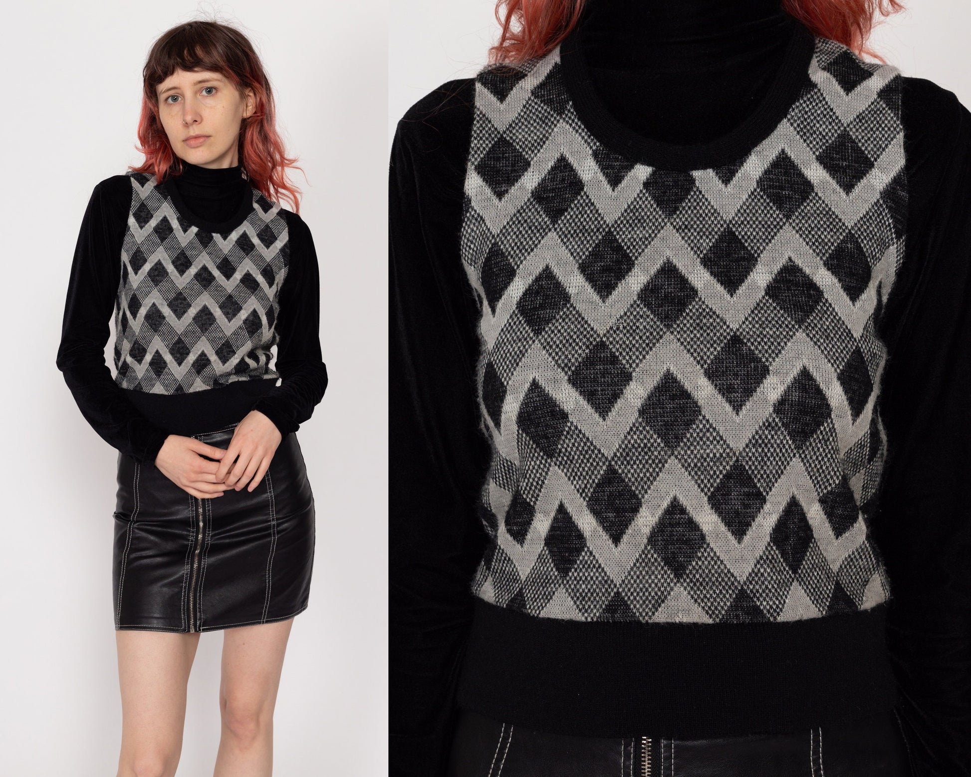XS 70s Black & Grey Argyle Sweater Vest | Vintage Diamond Pattern Knit Crop Top